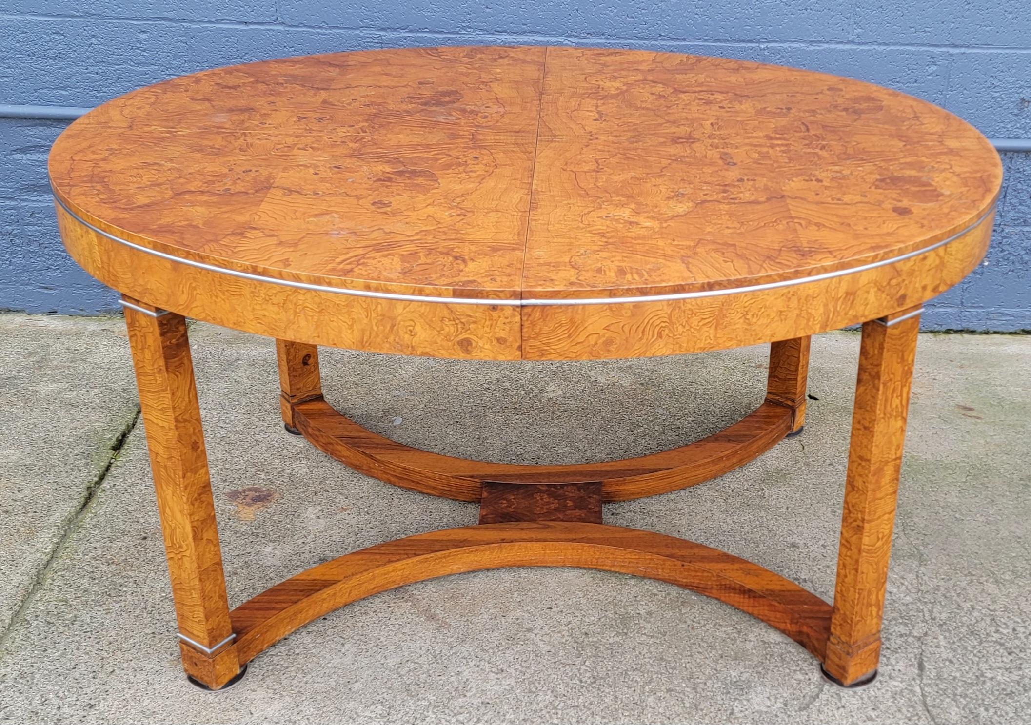 American Biedermeier / Art Deco Style Burl Wood Oval Expanding Dining Table