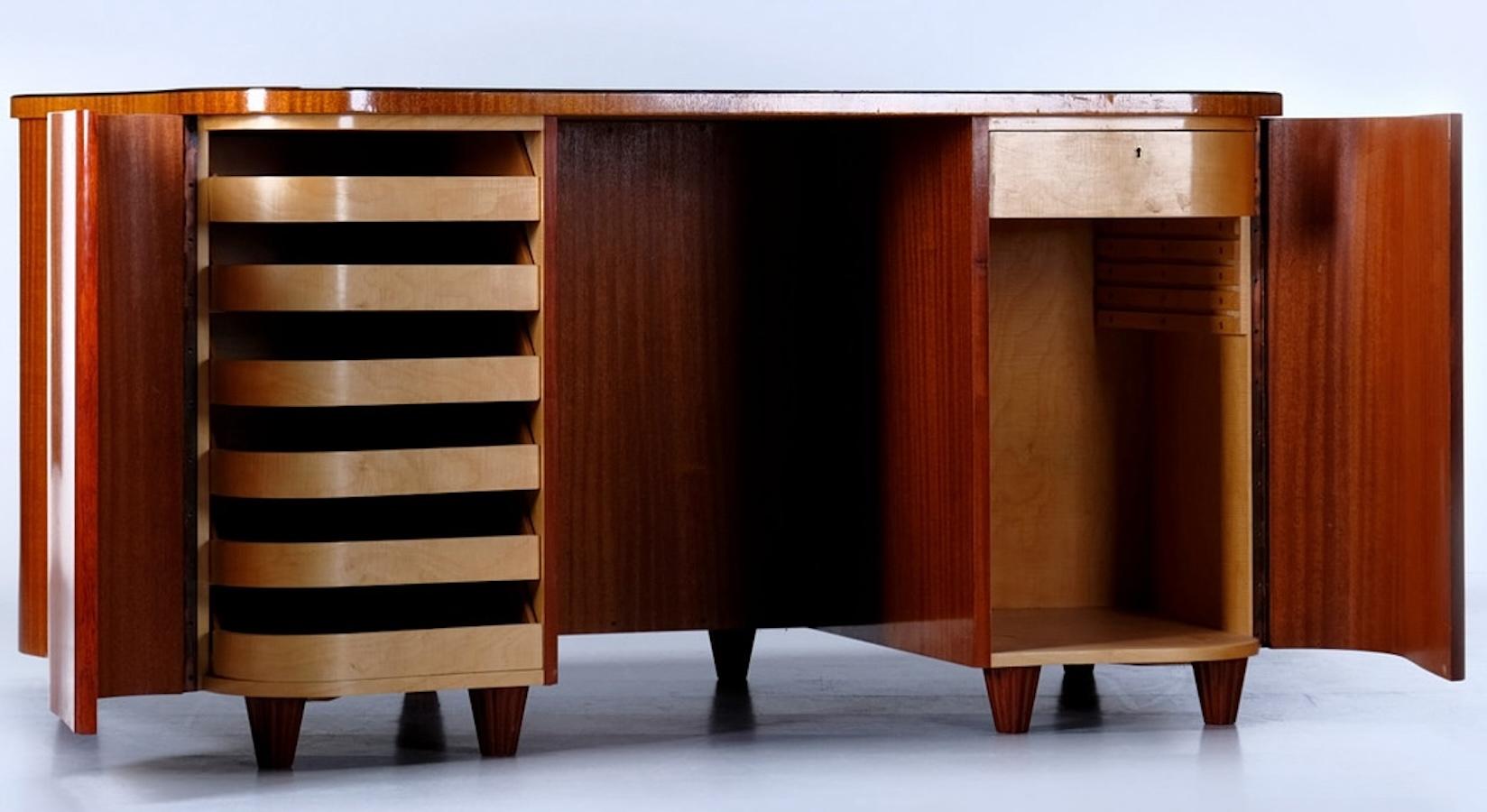 Marqueterie Scrivania Biedermeier in stile Art Deco Curvo Johan Vilhelm Karlsson 1947 in vendita