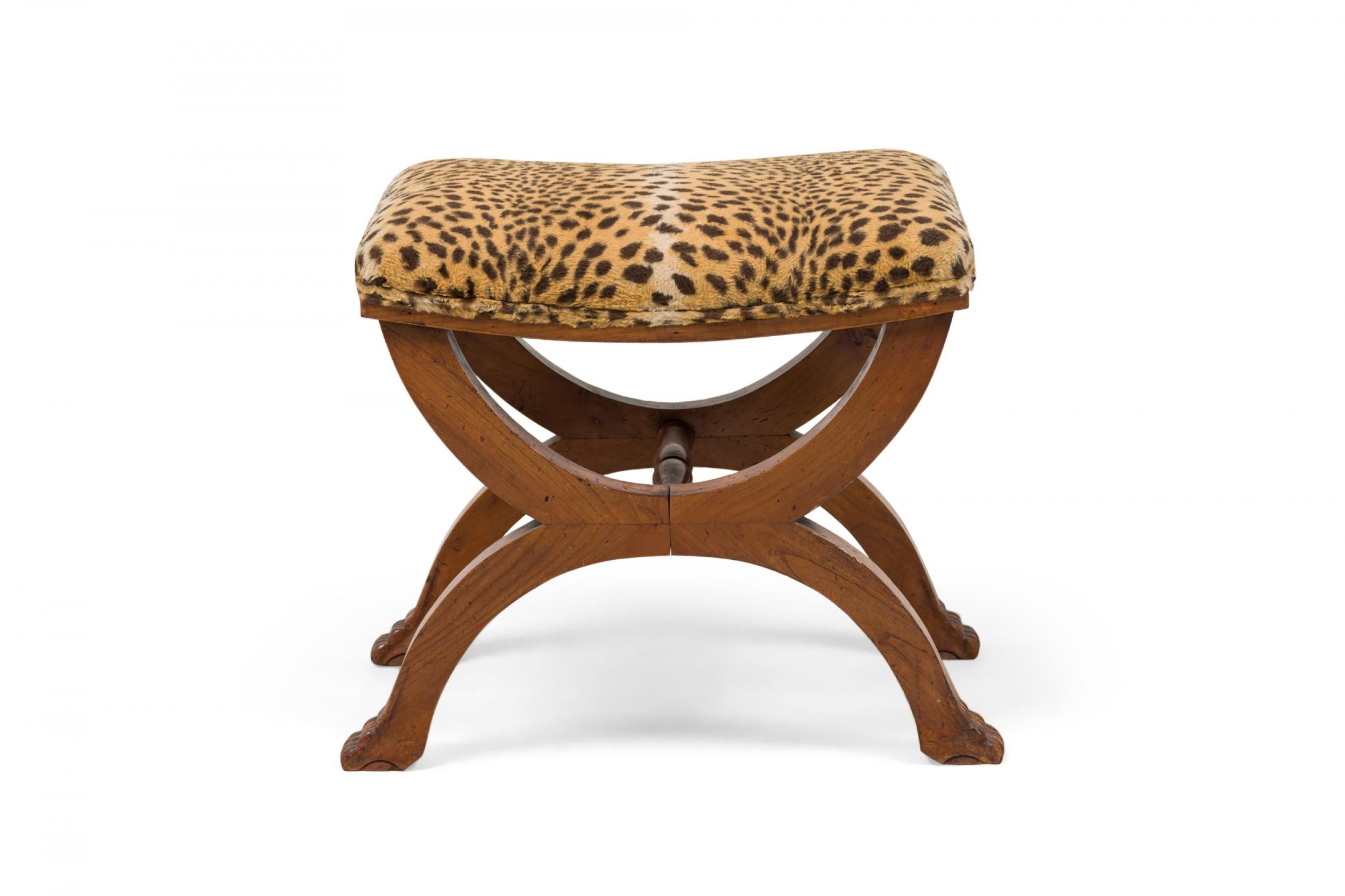 Wood Biedermeier Austrian Leopard Print Upholstered Bench
