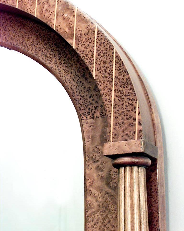 Biedermeier Austrian style (19th century) burl ash vertical wall mirror with column sides and banded inlay arch top.
 