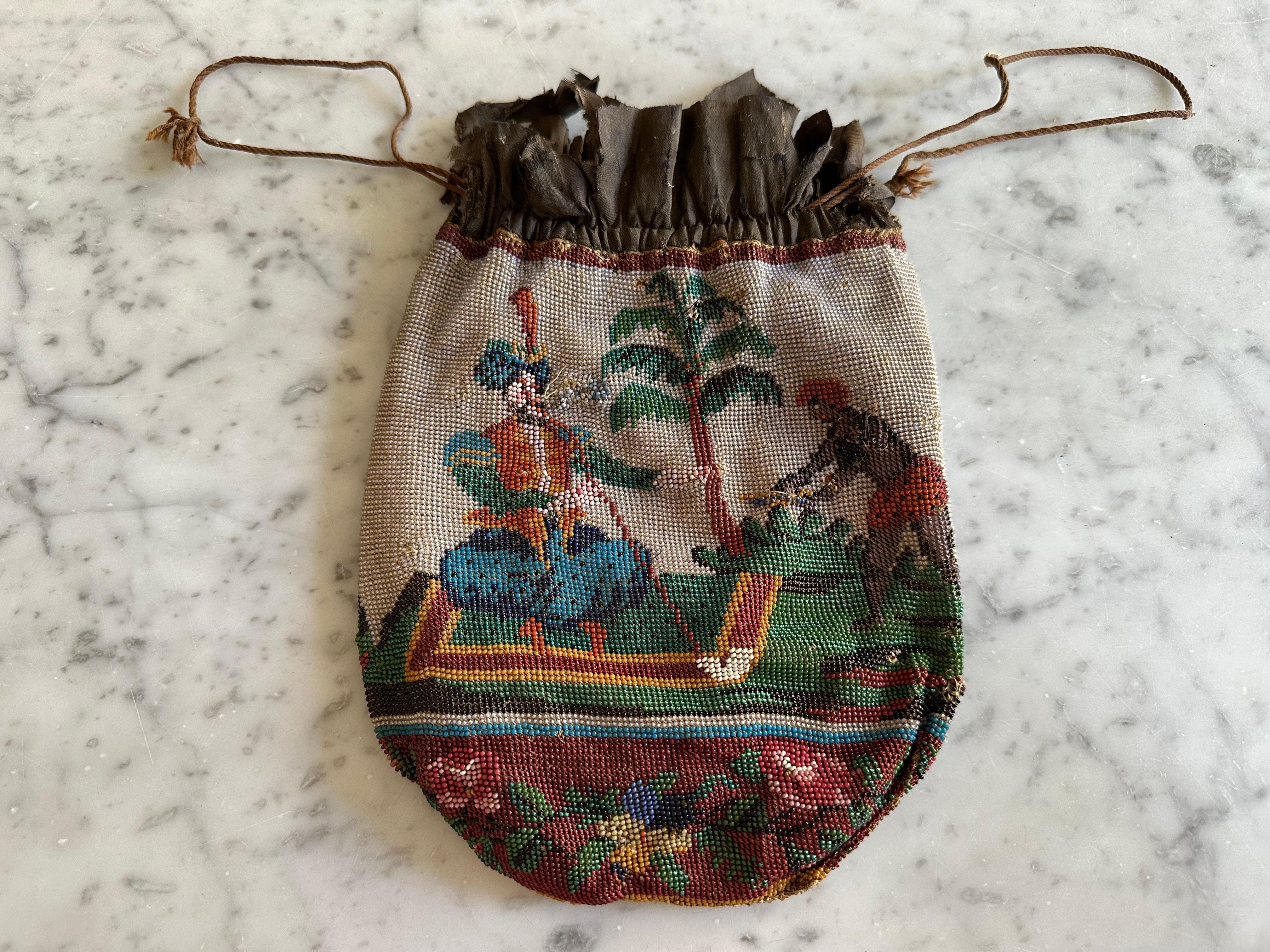 Allemand Sac en perles Biedermeier avec scène orientale - Handcraft du 19e siècle en vente