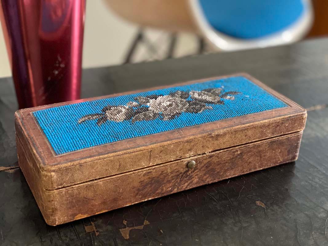 Beautifully crafted Biedermeier pencil box from Germany mid - late 19th century. The casket is leather wrapped, embossed and has a push button closure. From the inside the box is lacquered.