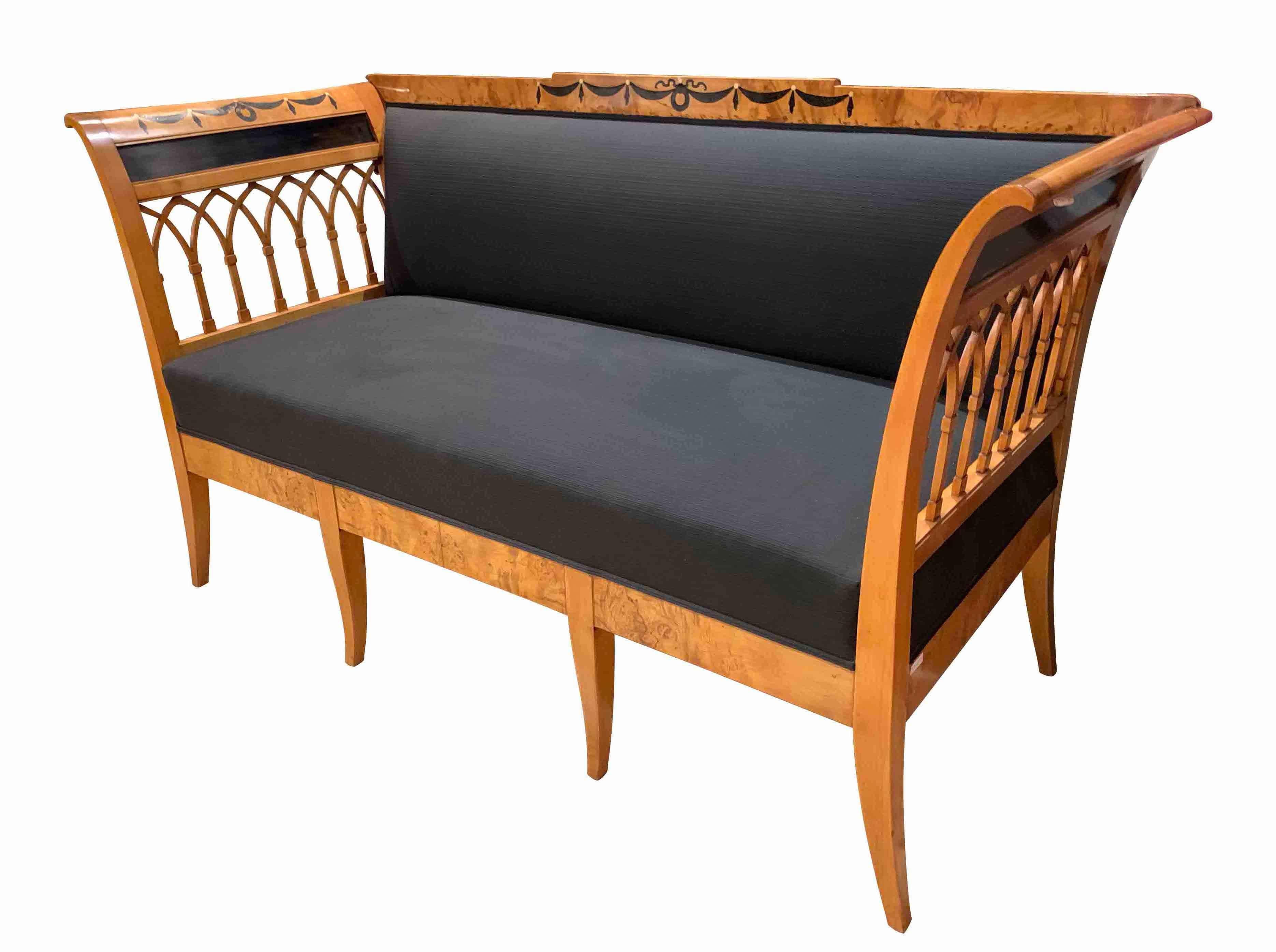 The bench is made from birch tree solid wood with rich inlays of ebony and ivory in form of a garland around the top of the chair.
Upholstery fabric is made from a grained black cotton and surrounded by a black double keder.



 