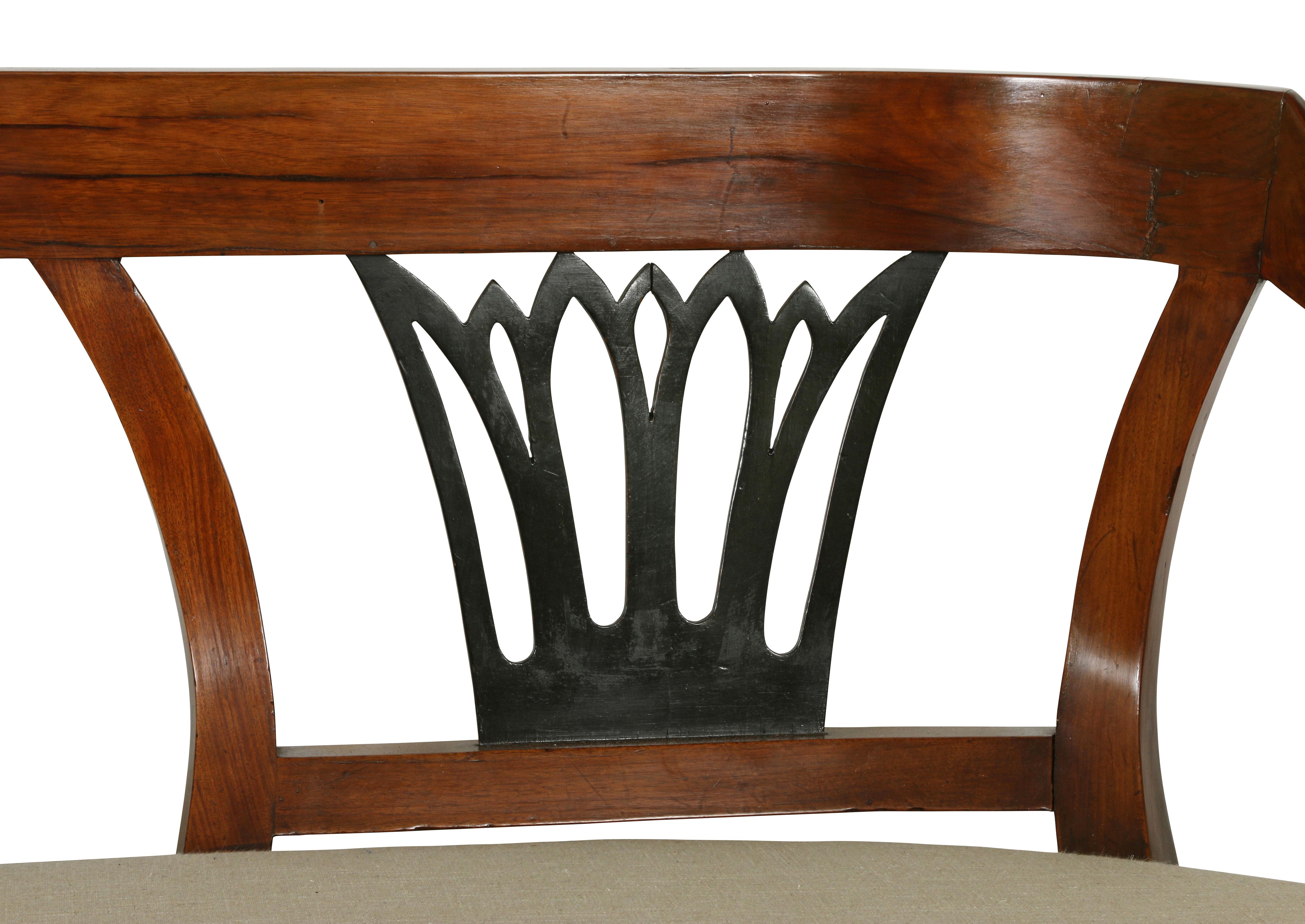 A very nice looking Biedermeier long bench with graceful lines. The splat back is divided into three sections with a stylized design in an ebonized finish. The arms have a lovely curve to them and the piece is supported by elegant saber legs. The