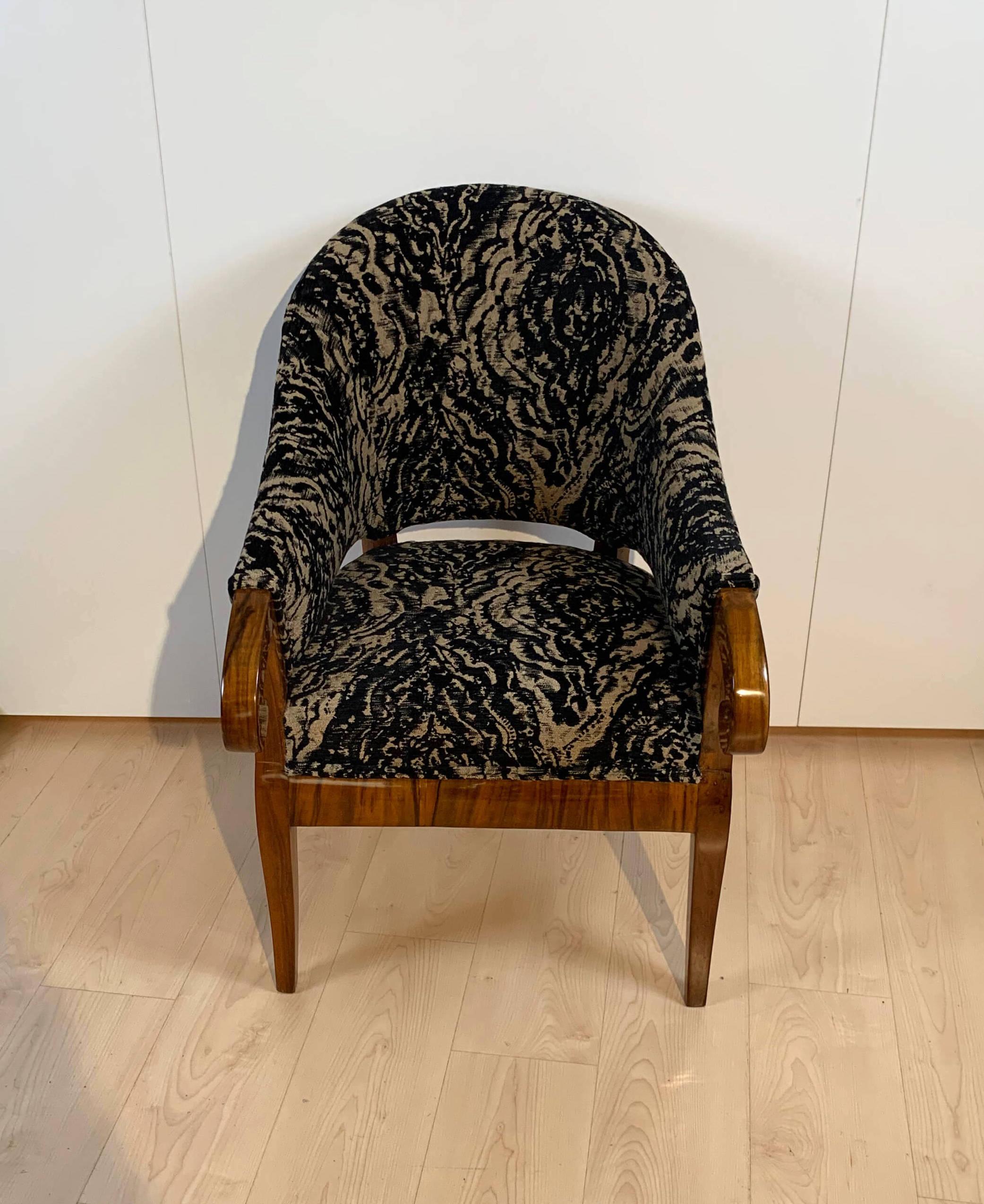 Austrian Biedermeier Bergere Chair, Walnut, Black-Brown Fabric, South Germany circa 1830