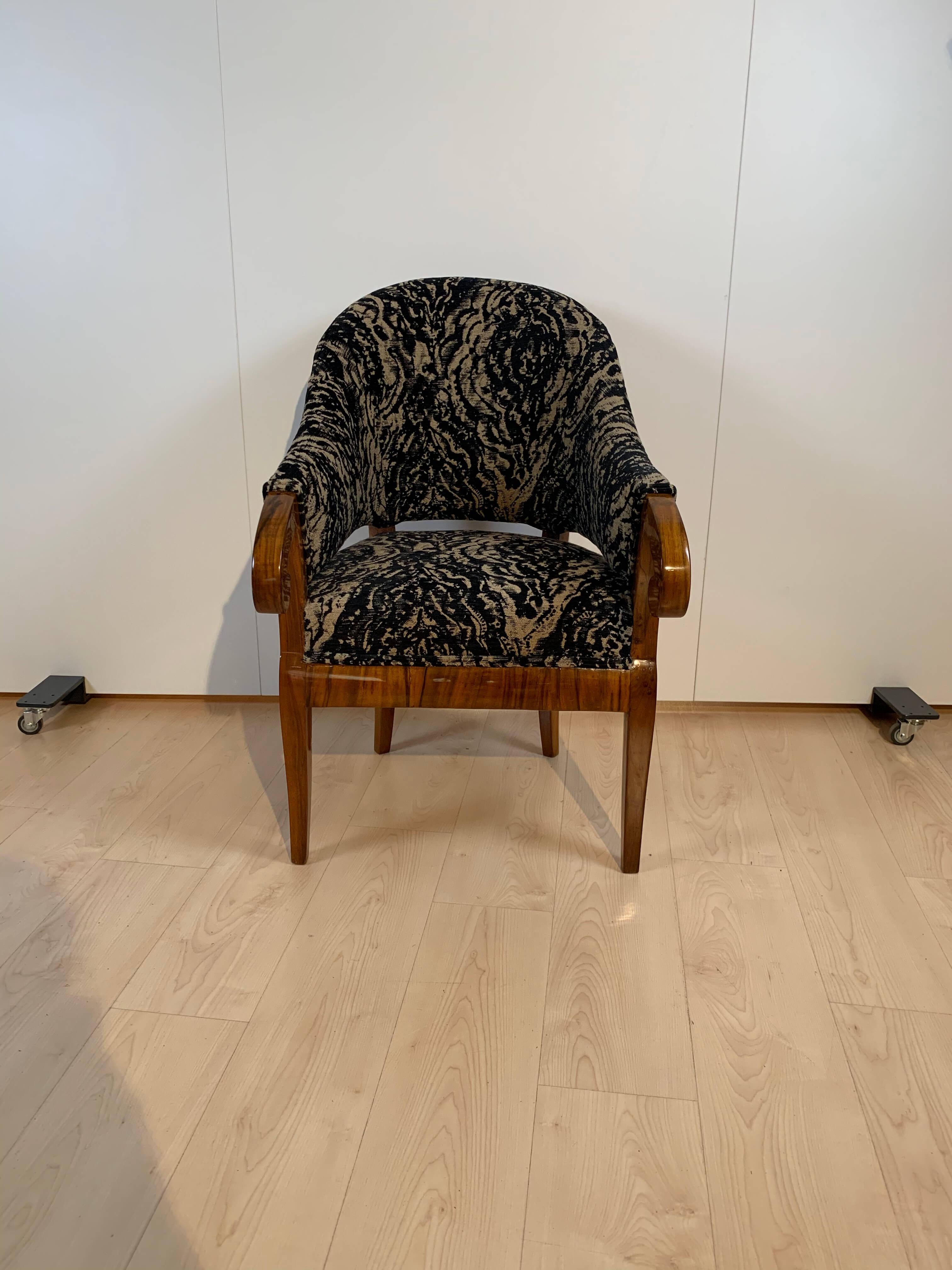 Polished Biedermeier Bergere Chair, Walnut, Black-Brown Fabric, South Germany circa 1830