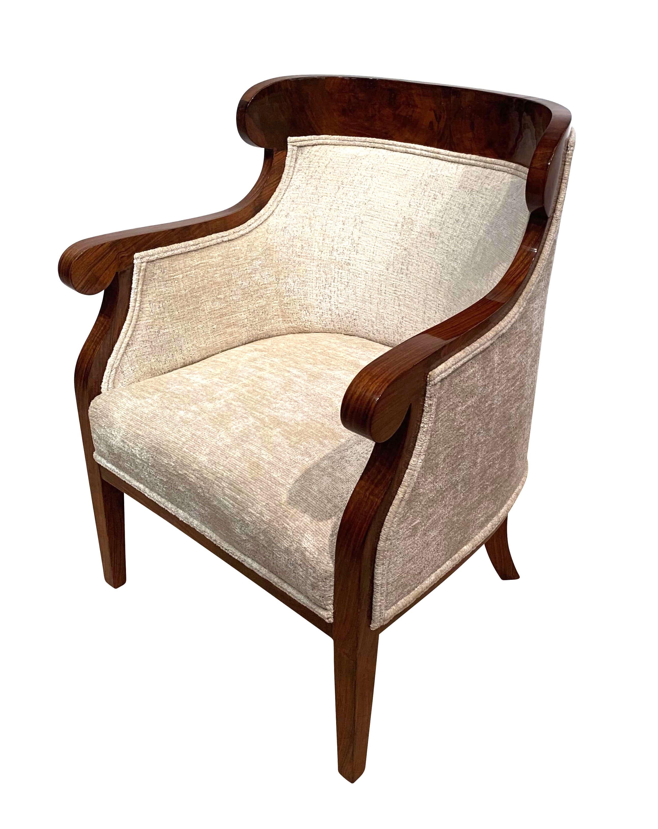 Austrian Biedermeier Bergère Chairs, Walnut Veneer, Crème Velvet, Austria, circa 1825
