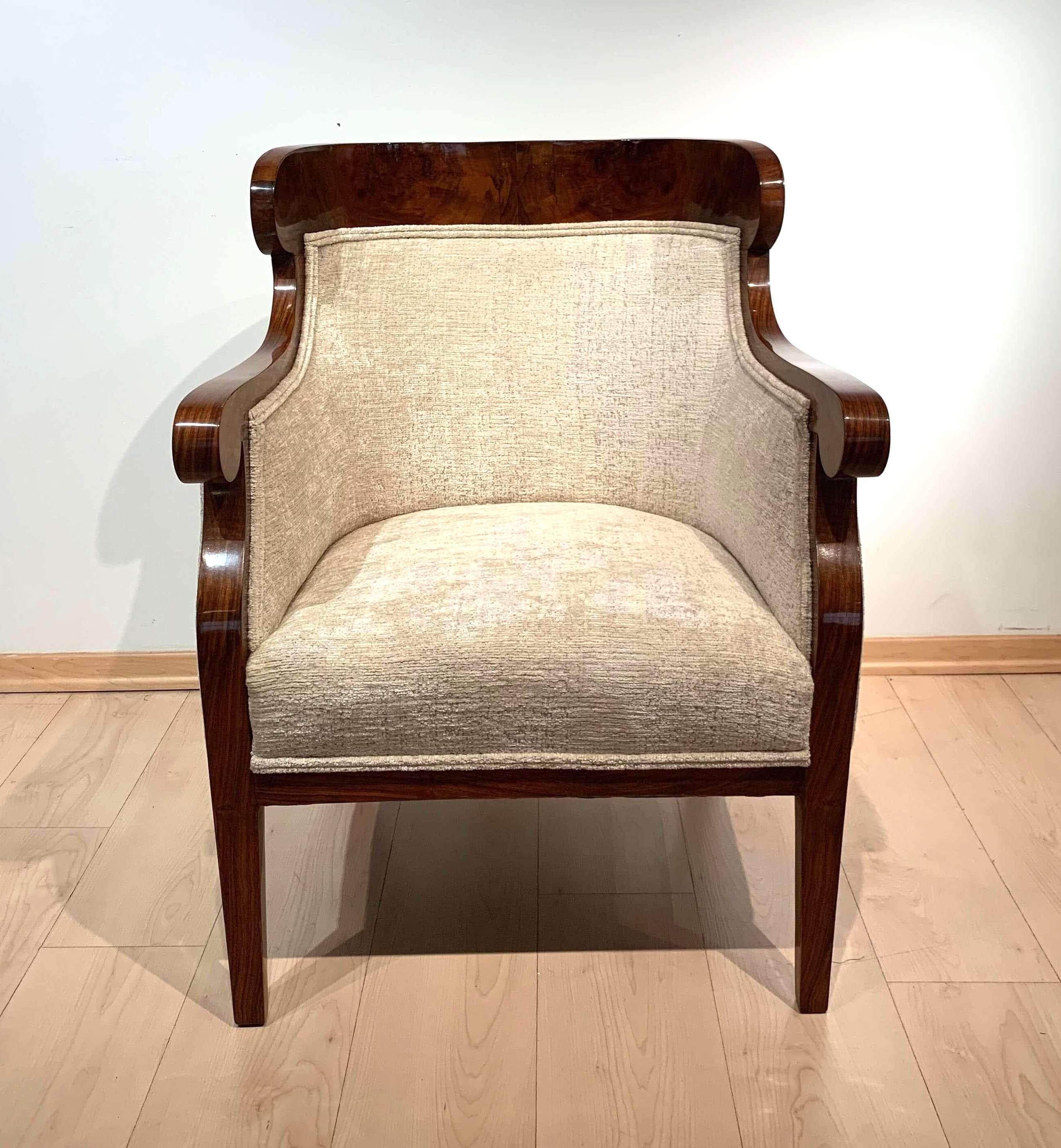 Polished Biedermeier Bergère Chairs, Walnut Veneer, Crème Velvet, Austria, circa 1825