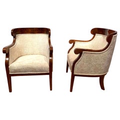 Biedermeier Bergère Chairs, Walnut Veneer, Crème Velvet, Austria, circa 1825