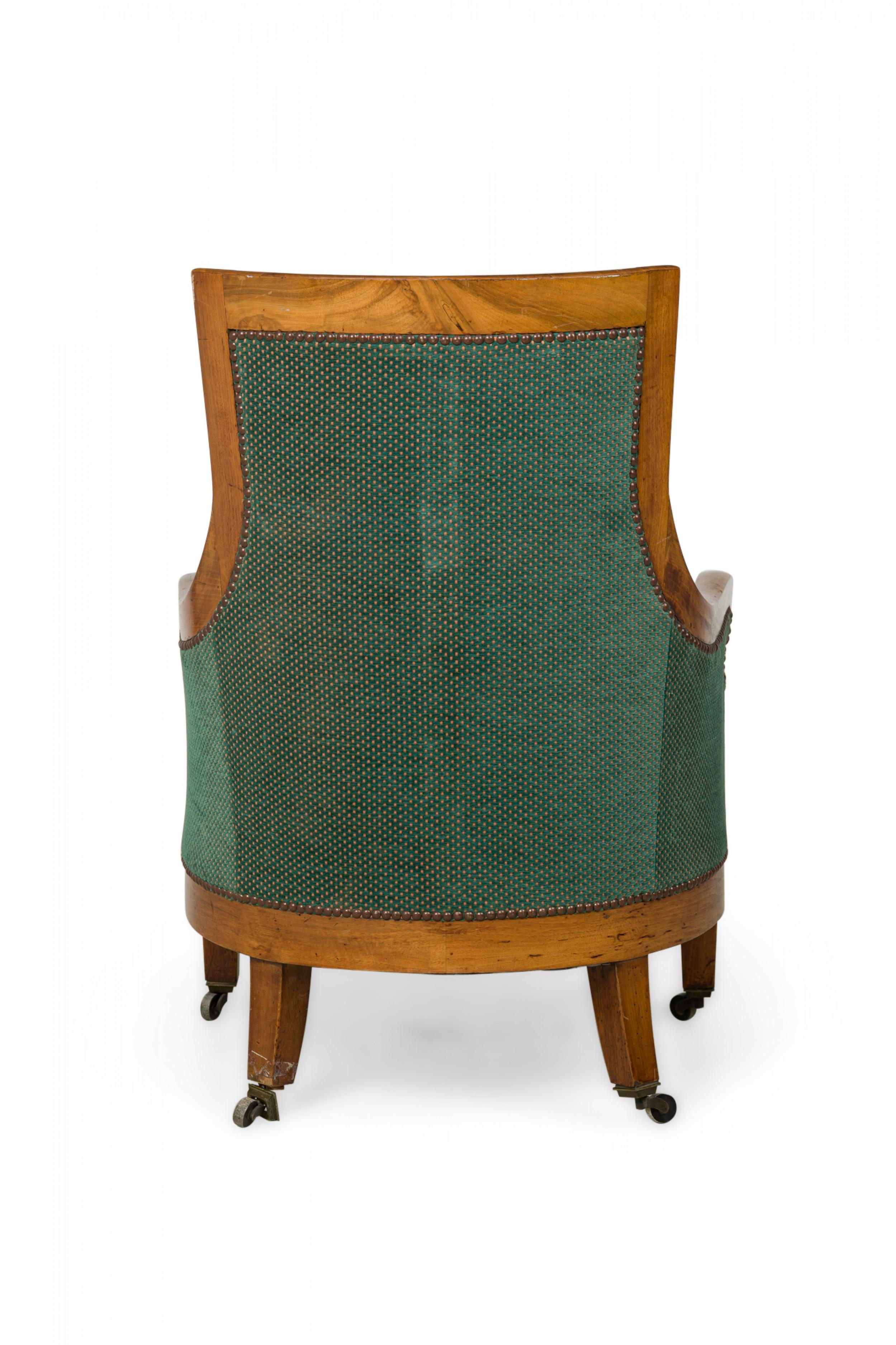 Austrian Biedermeier Birch Veneer Green Upholstered Bergere Armchair For Sale