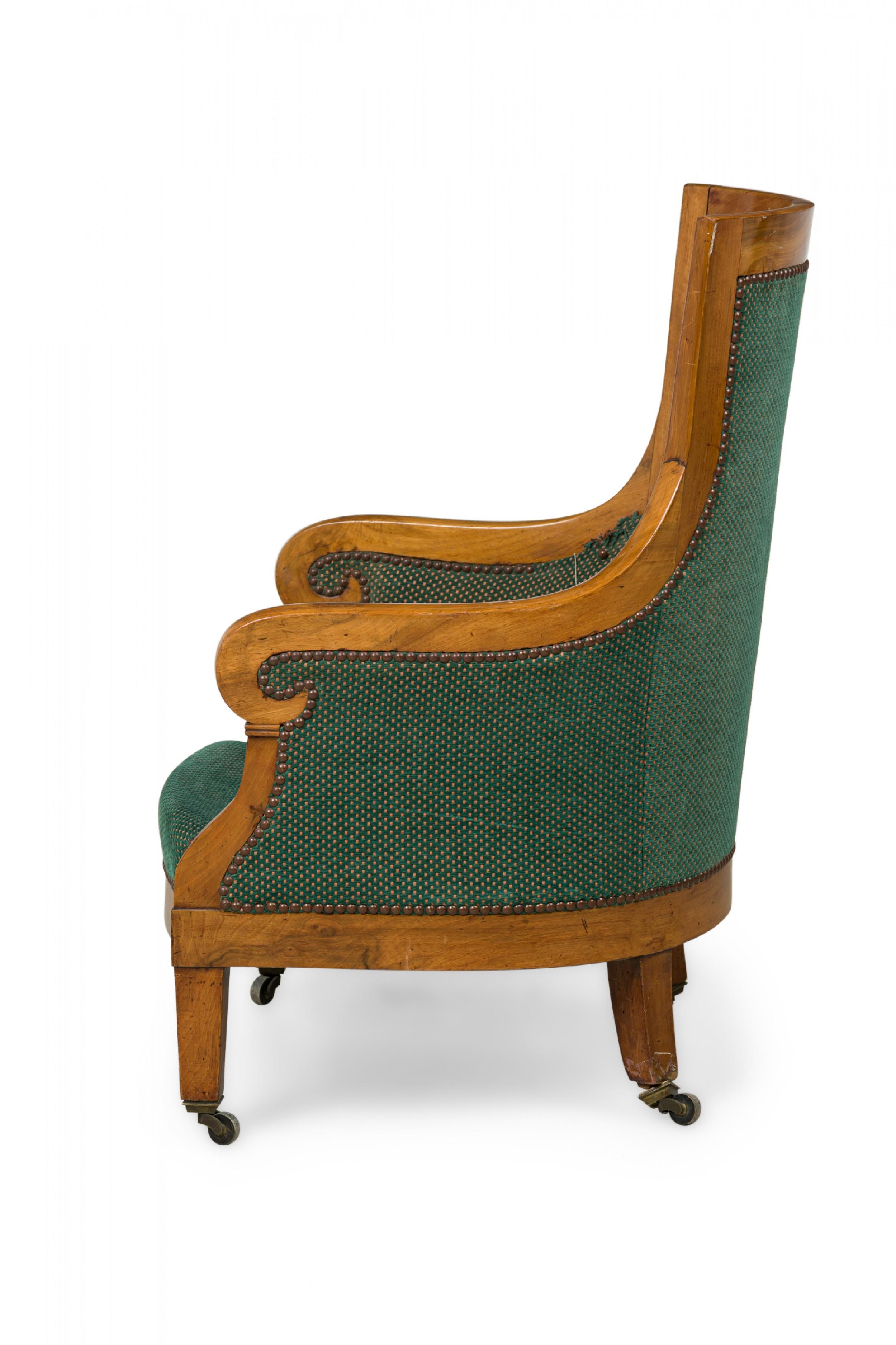 Biedermeier Birch Veneer Green Upholstered Bergere Armchair In Fair Condition For Sale In Queens, NY