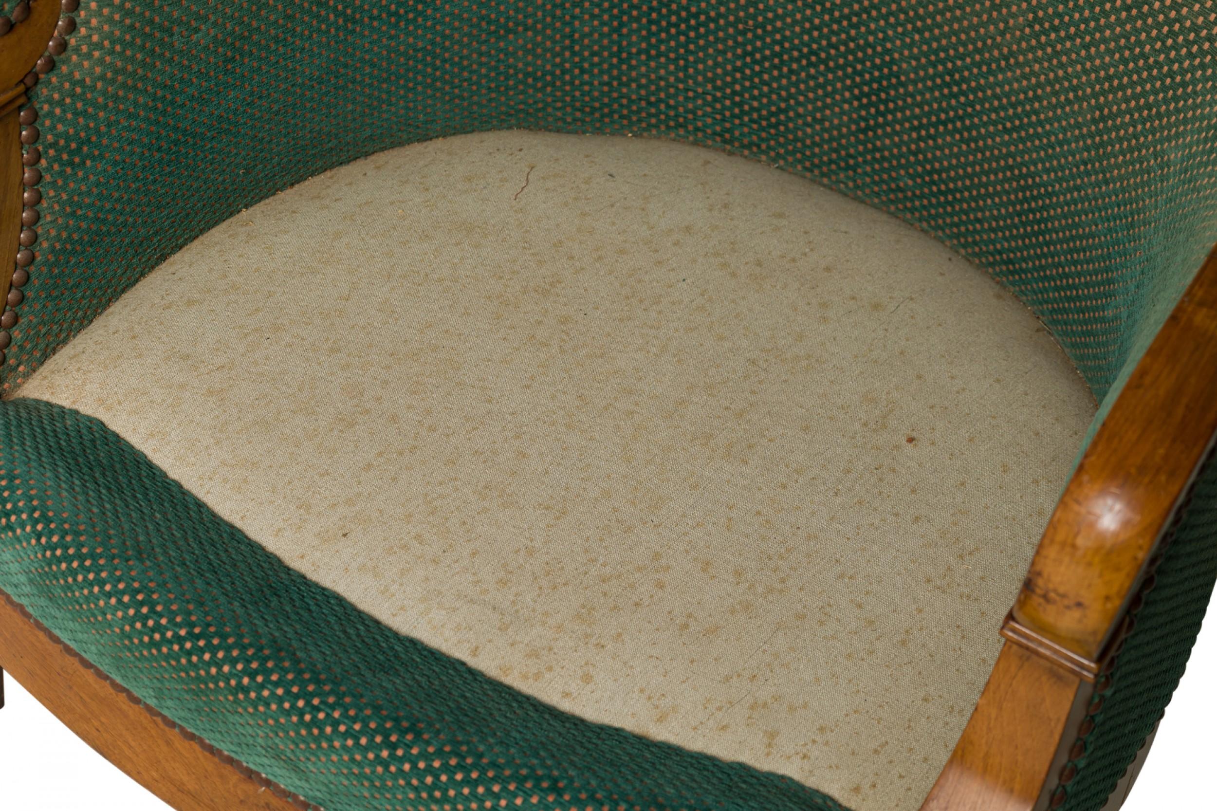 19th Century Biedermeier Birch Veneer Green Upholstered Bergere Armchair For Sale