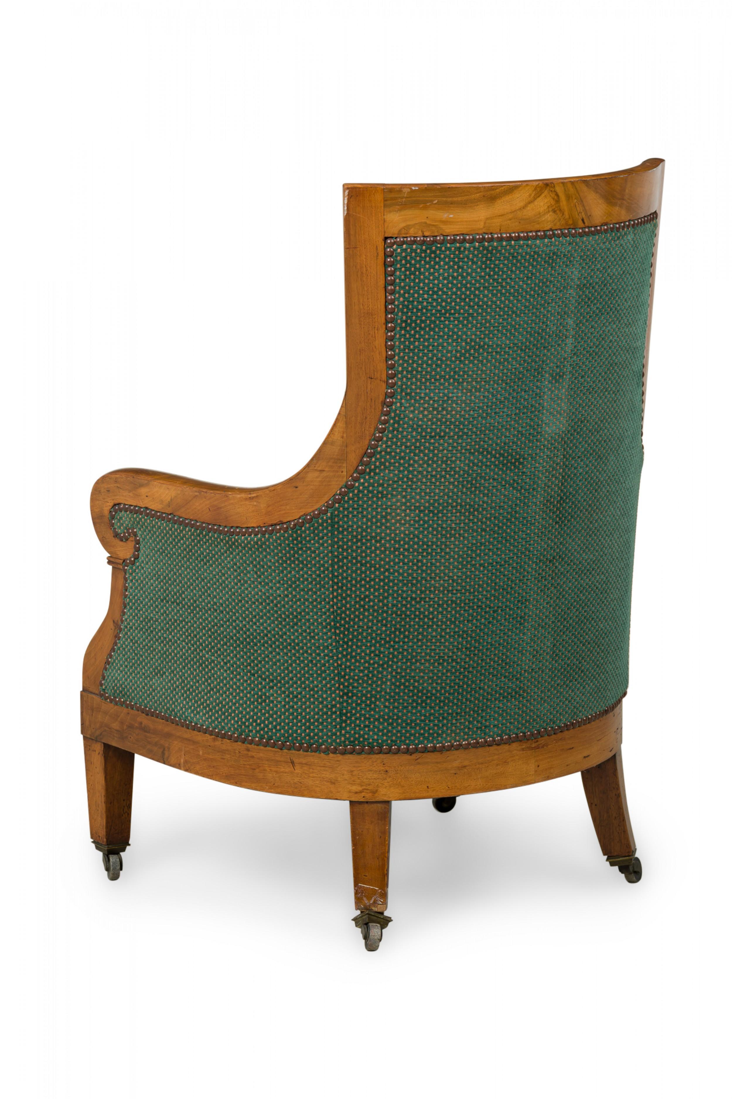 Biedermeier Birch Veneer Green Upholstered Bergere Armchair For Sale 1