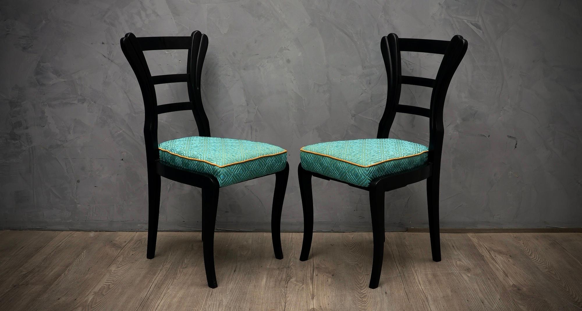 Biedermeier Black Lacquered and Azure Silk Fabric Austrian Chairs, 1820 For Sale 1