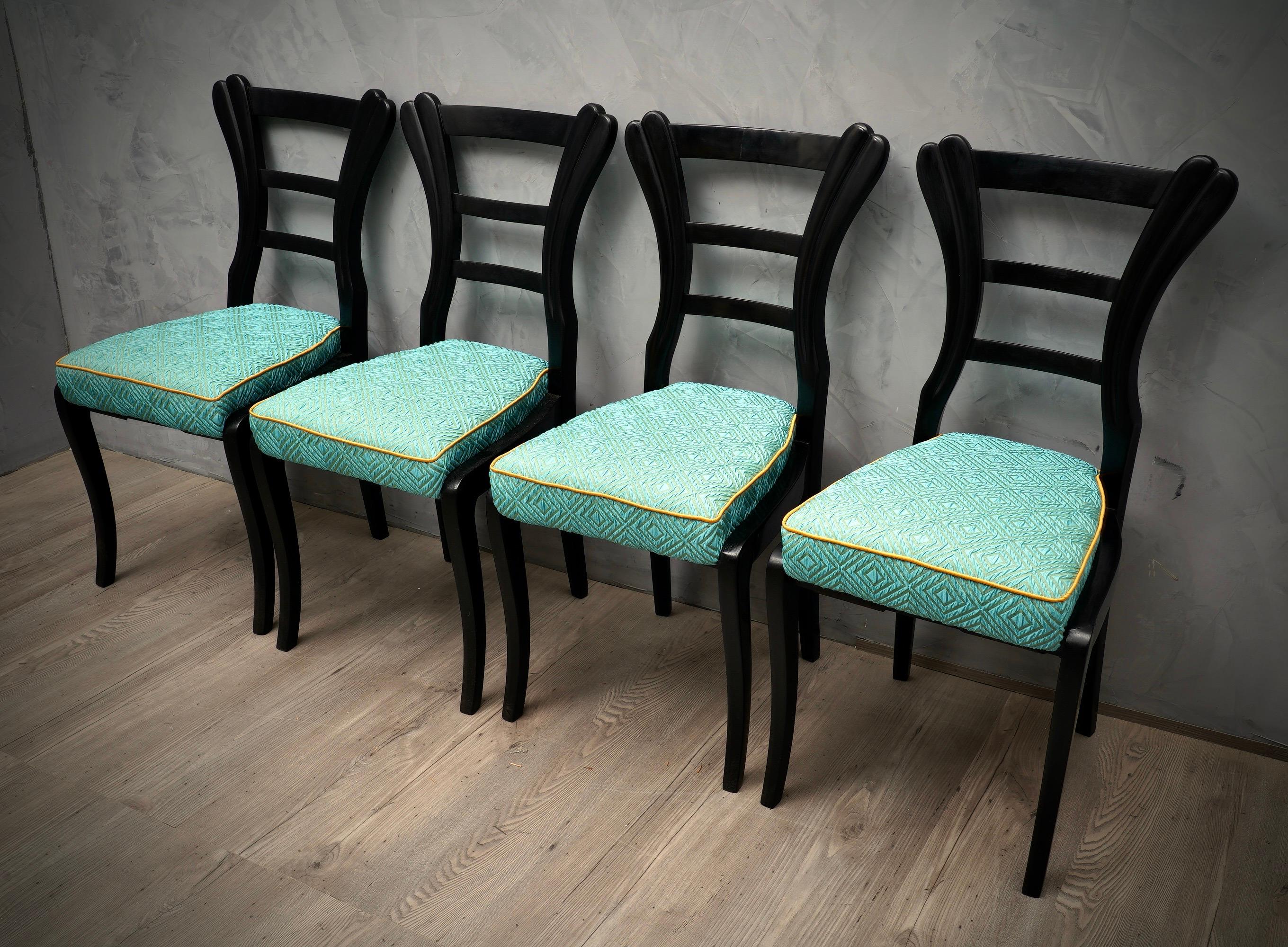 Biedermeier Black Lacquered and Azure Silk Fabric Austrian Chairs, 1820 For Sale 2