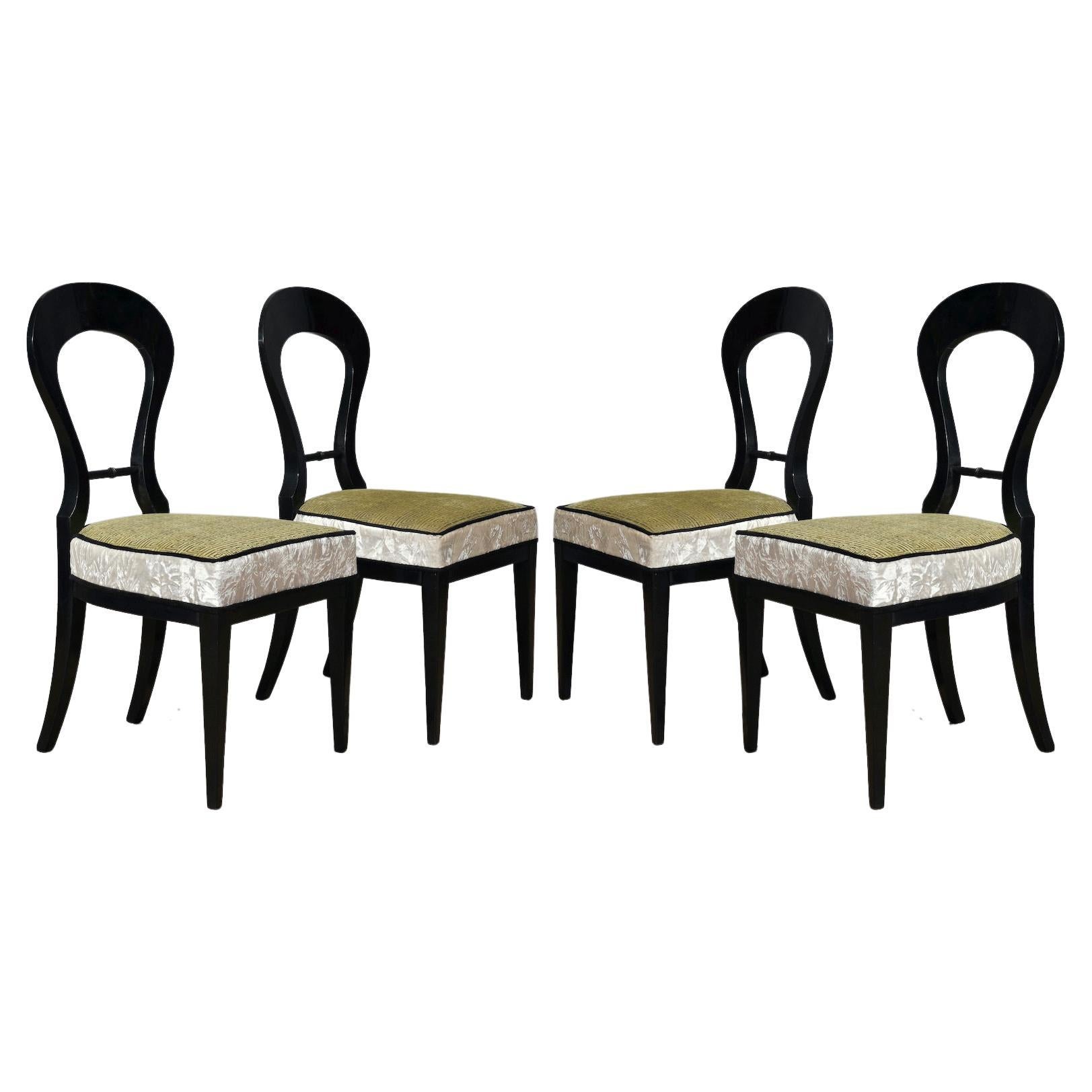 Biedermeier Black Wood and Green Velvet Dinning Room Chairs, 1830