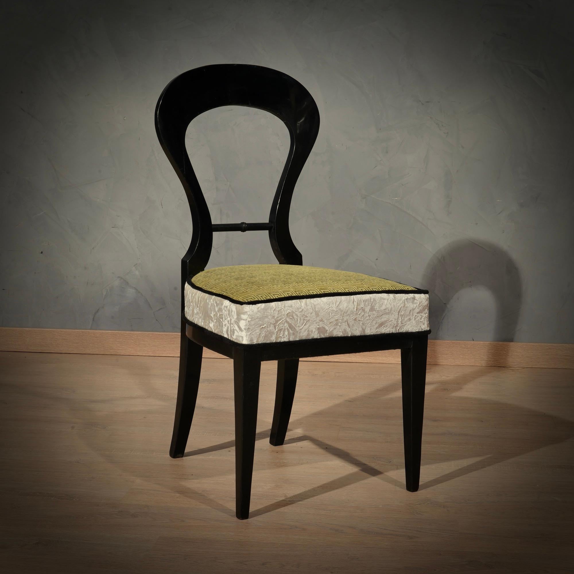 Biedermeier Black Wood and Green Velvet Dinning Room Chairs, 1830 For Sale 5