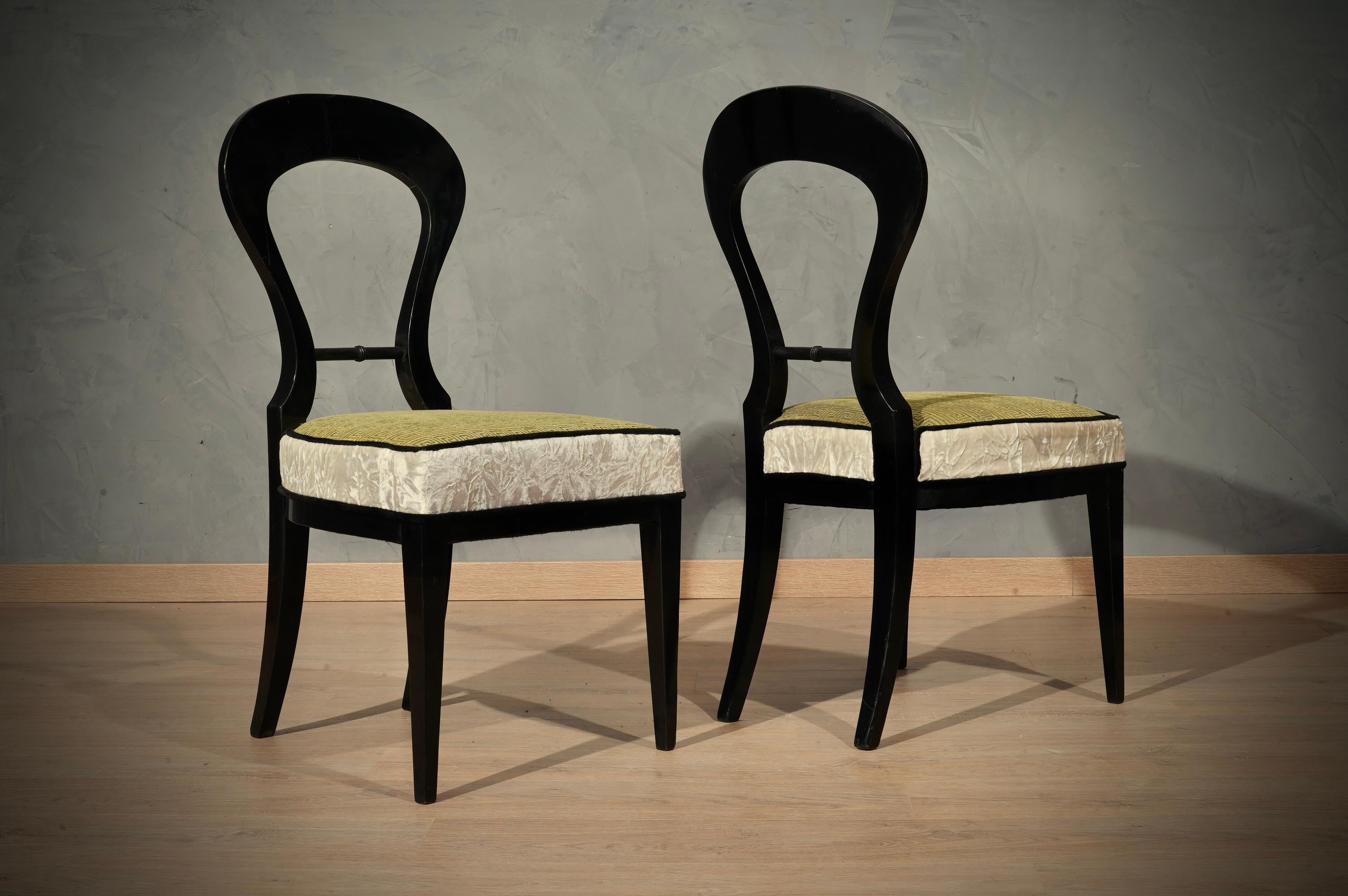 Biedermeier Black Wood and Green Velvet Dinning Room Chairs, 1830 For Sale 6