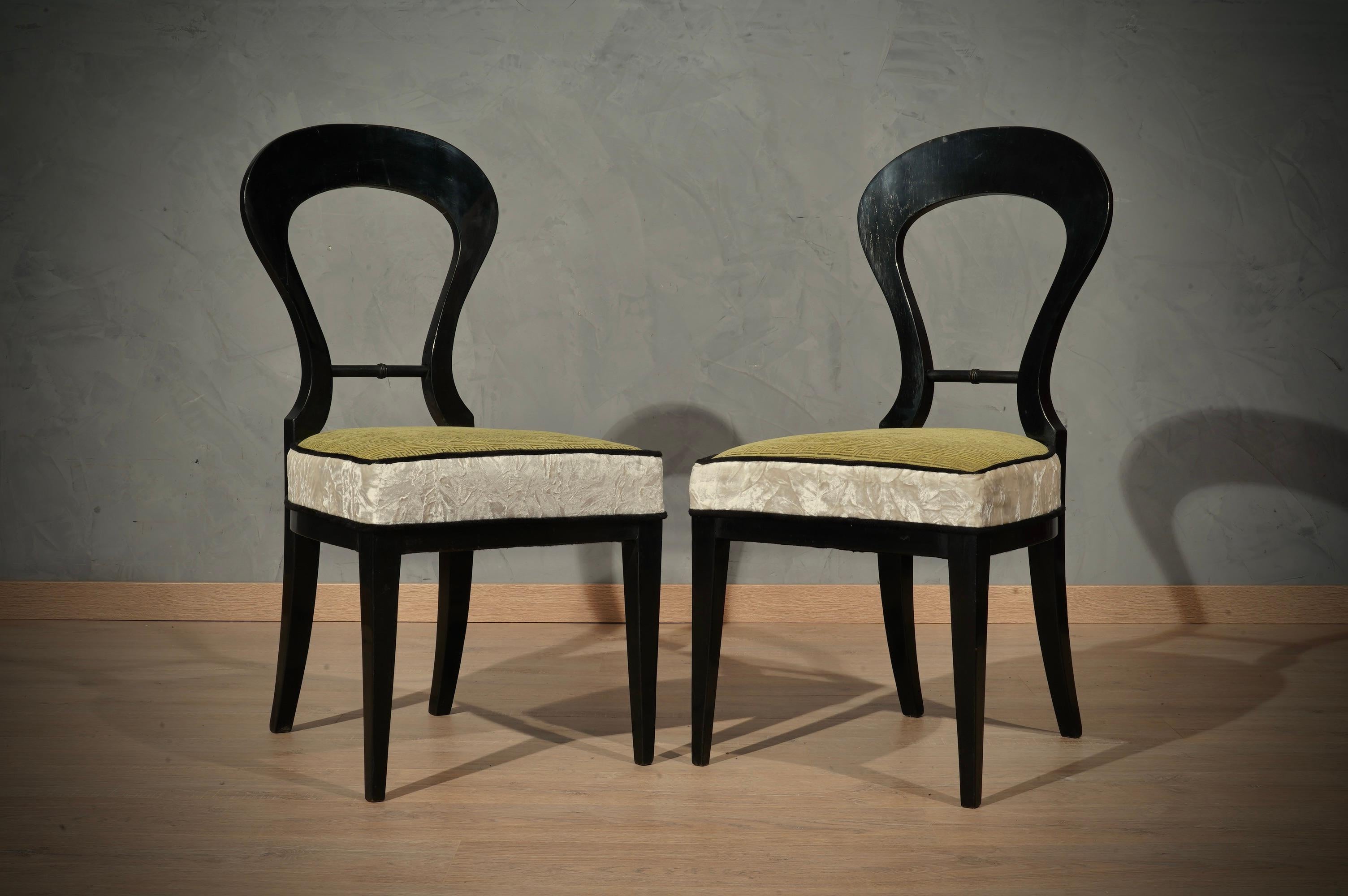 Biedermeier Black Wood and Green Velvet Dinning Room Chairs, 1830 For Sale 2