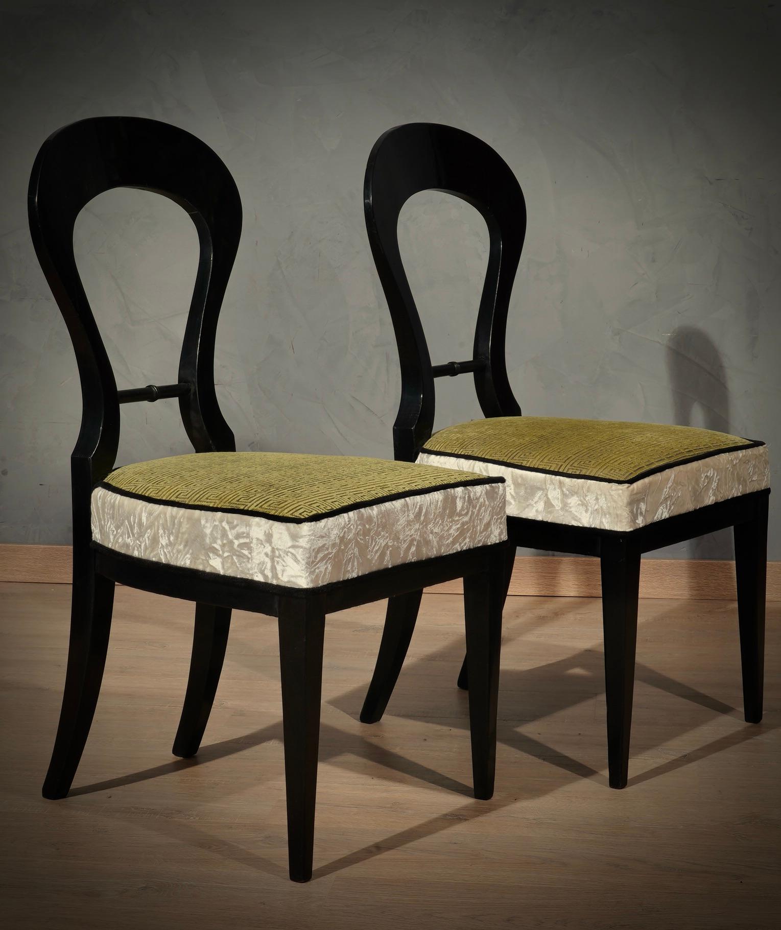 Biedermeier Black Wood and Green Velvet Dinning Room Chairs, 1830 For Sale 4