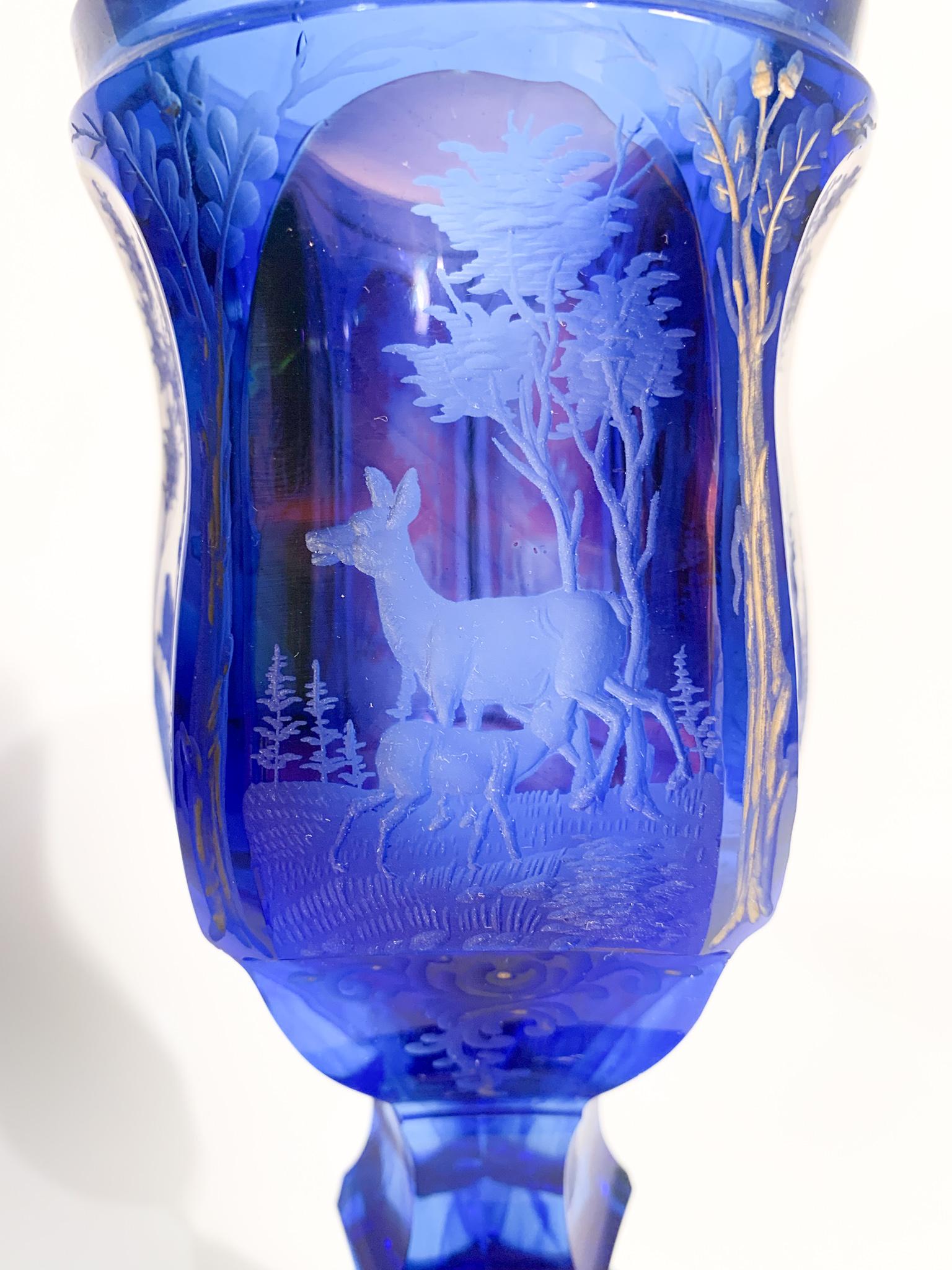 Biedermeier Blue and Red Crystal Glass with Acid Decoration from the 1800s 5