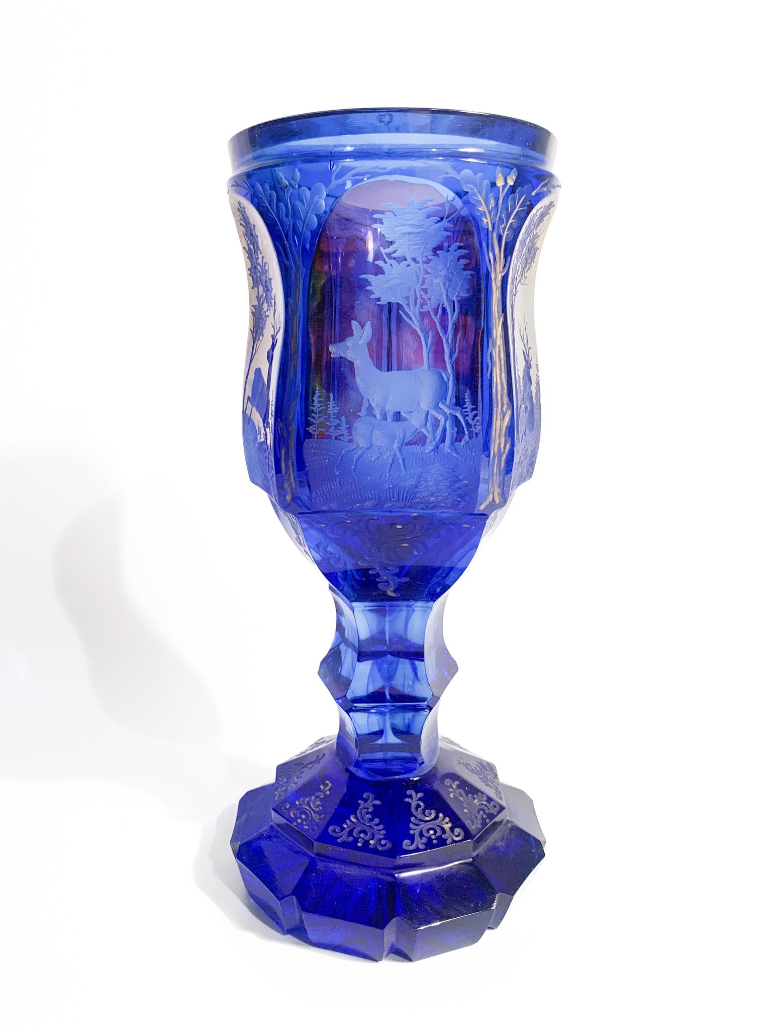 Biedermeier Blue and Red Crystal Glass with Acid Decoration from the 1800s 6
