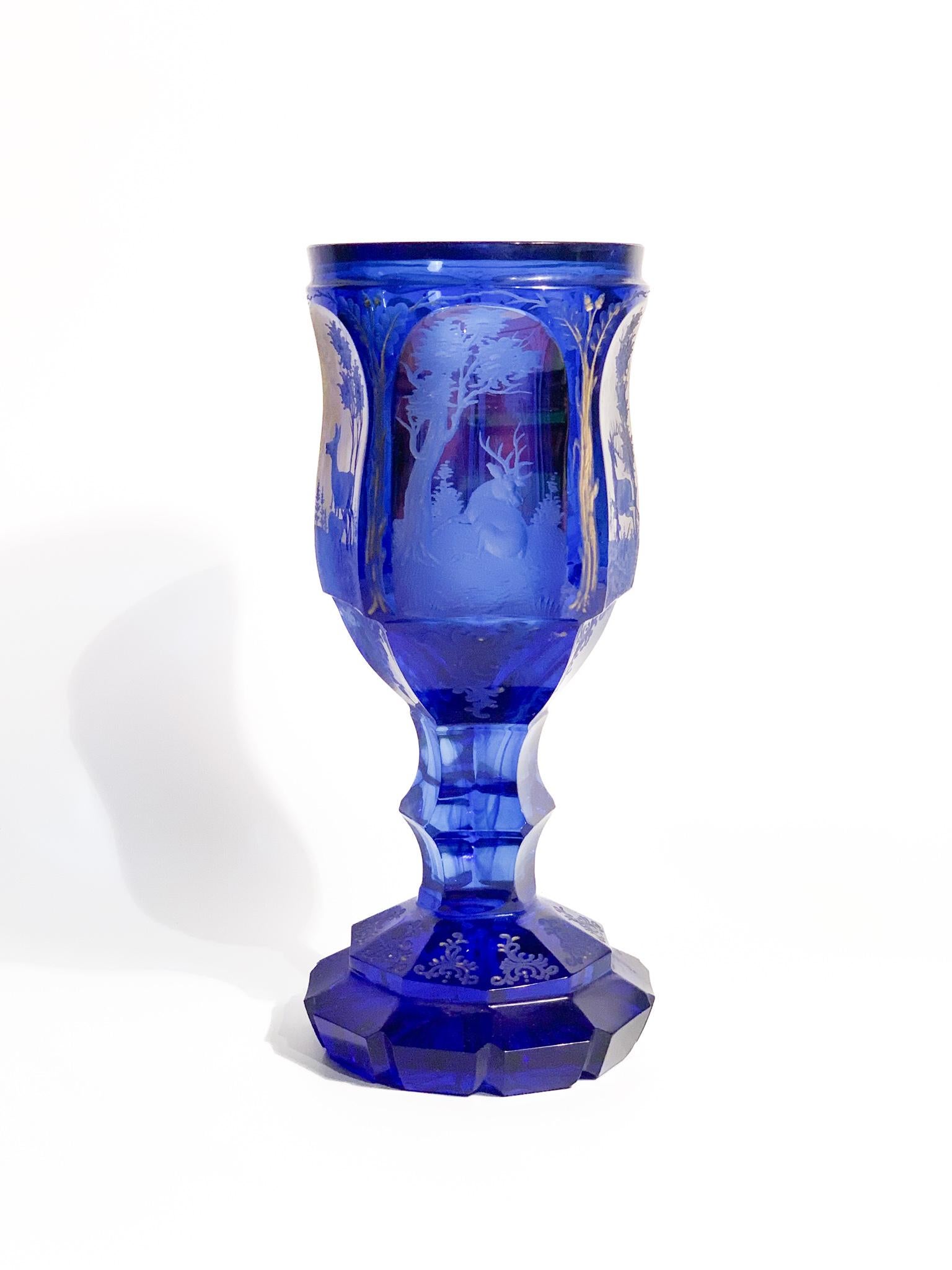 Large goblet in blue and red Biedermeier crystal, acid decorated and made in 1800

Ø cm 9 h cm 20,5

Biedermeier is was an artistic movement that developed between 1815 and 1848. The term initially spread as a derogatory term. Consisting of two