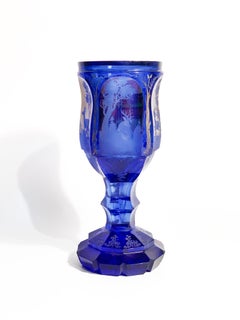 Biedermeier Blue and Red Crystal Glass with Acid Decoration from the 1800s