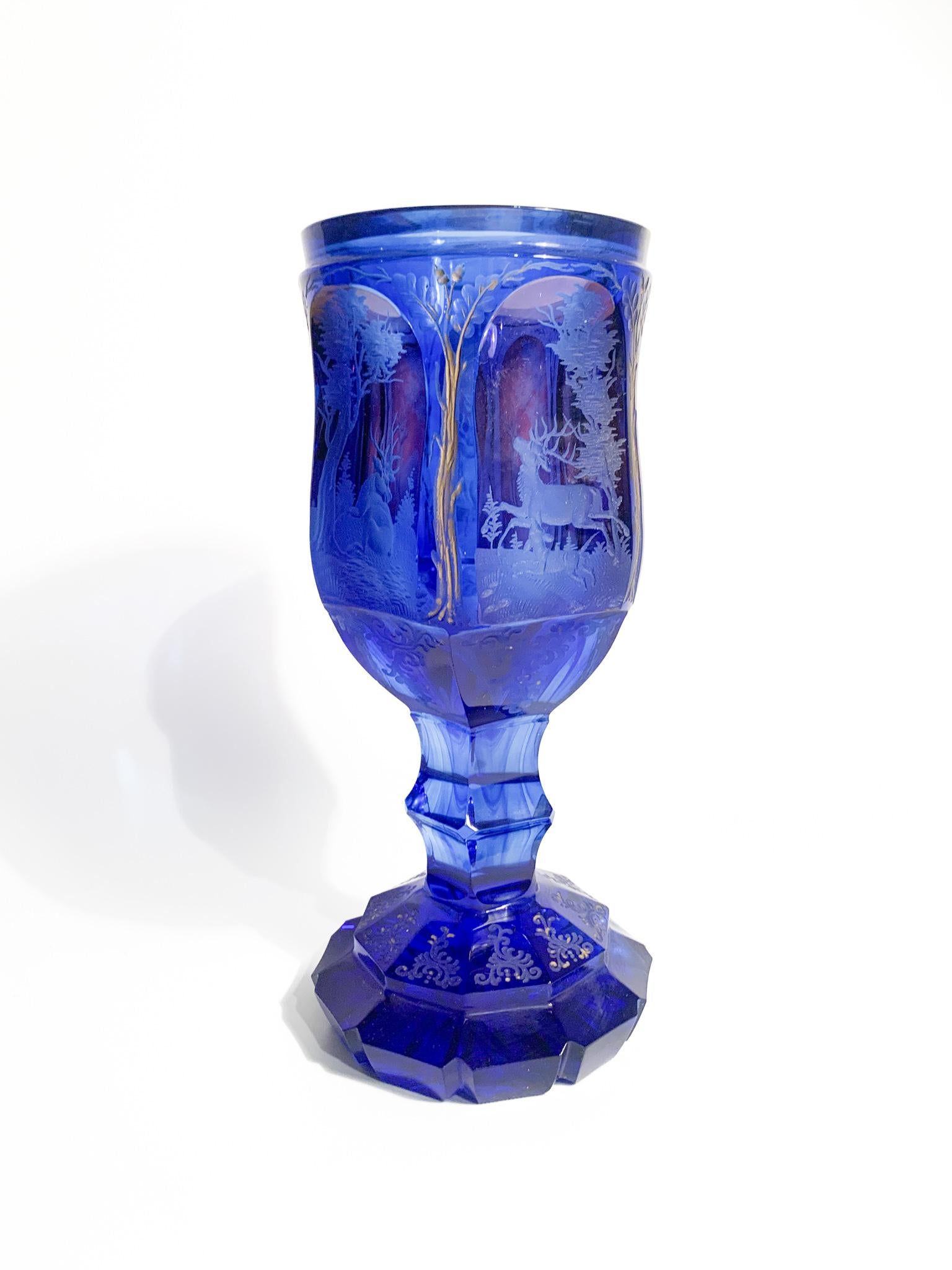 German Biedermeier Blue and Red Crystal Glass with Acid Decoration from the 1800s