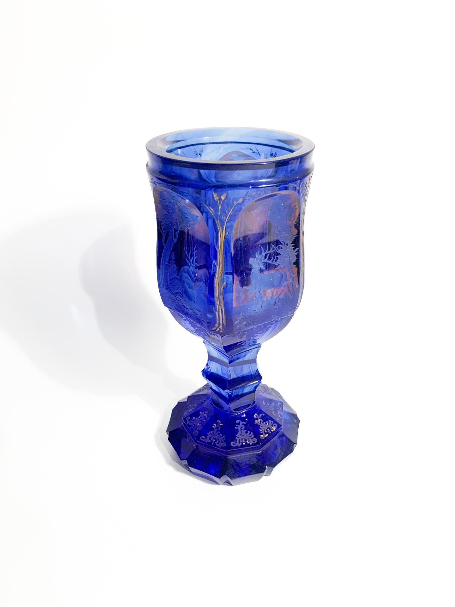 Biedermeier Blue and Red Crystal Glass with Acid Decoration from the 1800s In Good Condition In Milano, MI