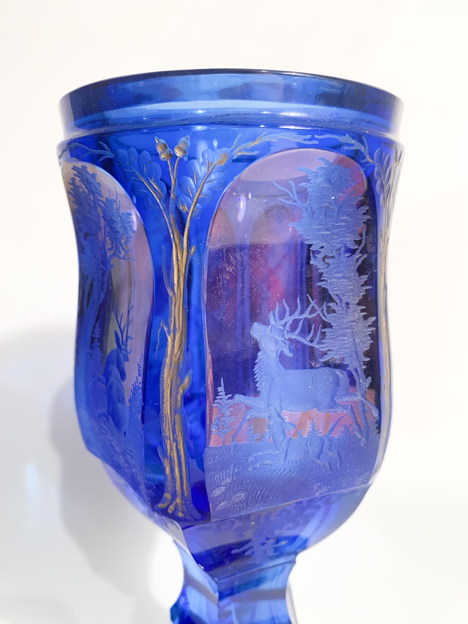 Late 19th Century Biedermeier Blue and Red Crystal Glass with Acid Decoration from the 1800s