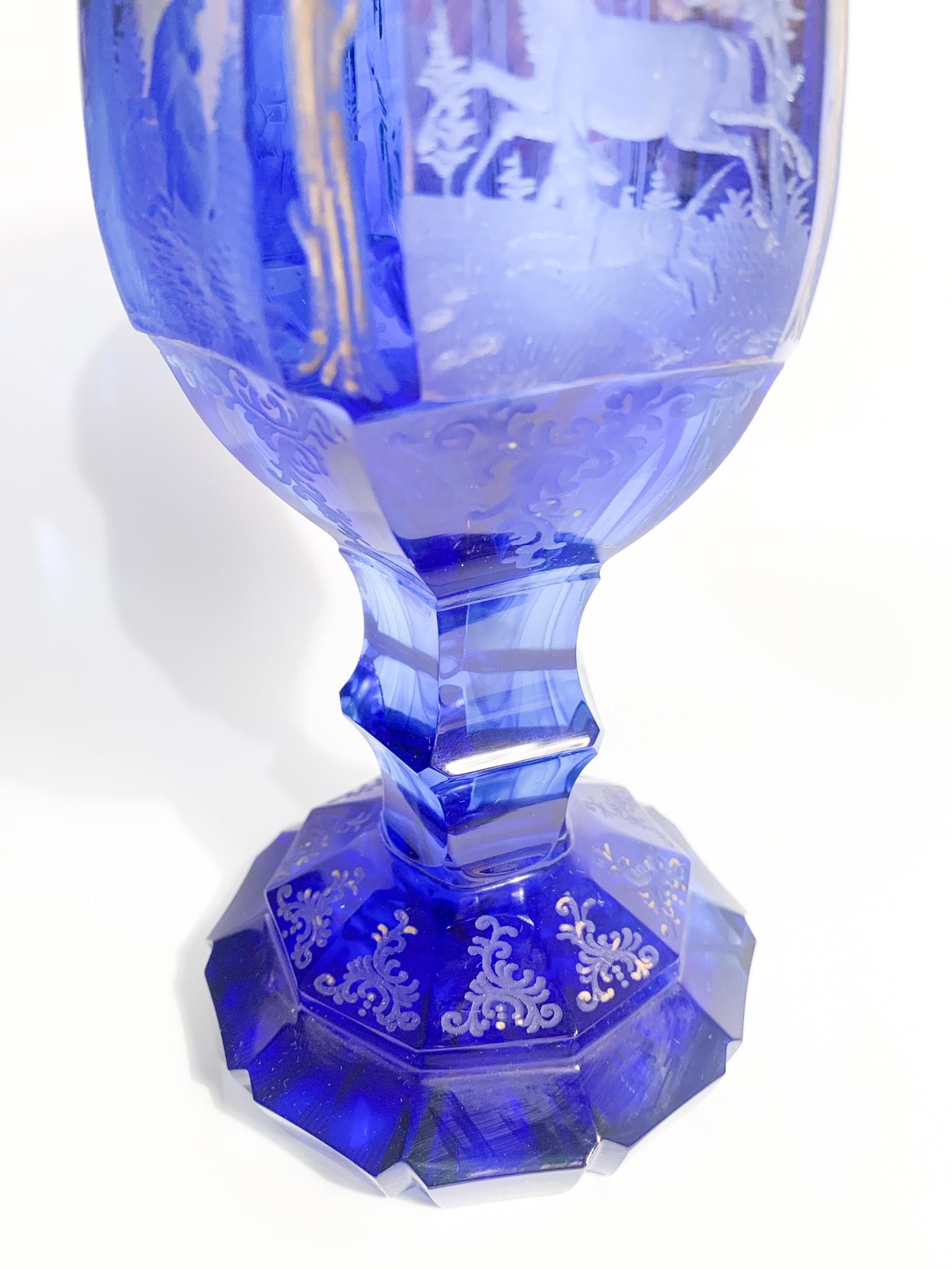 Biedermeier Blue and Red Crystal Glass with Acid Decoration from the 1800s 1