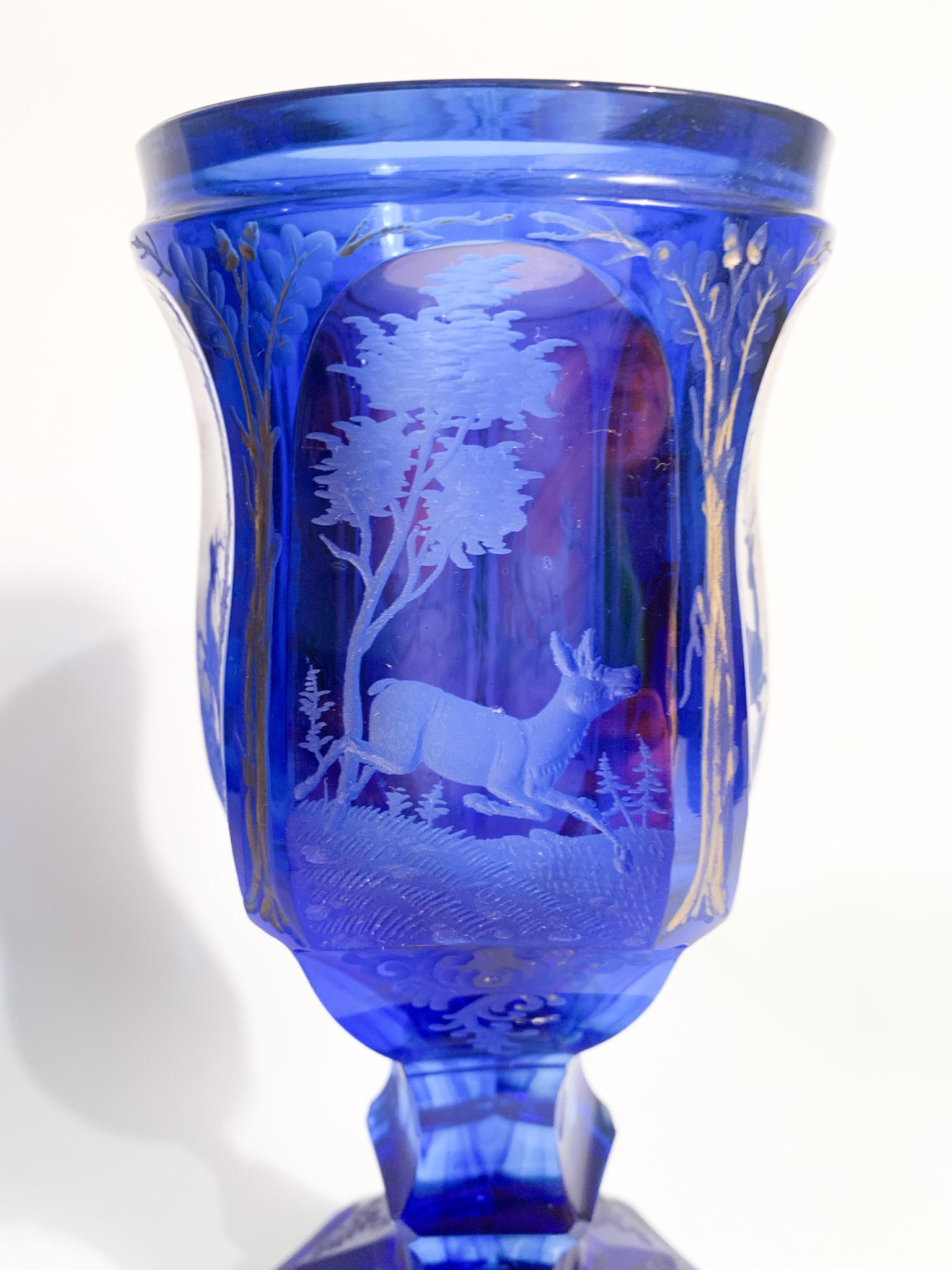 Biedermeier Blue and Red Crystal Glass with Acid Decoration from the 1800s 2
