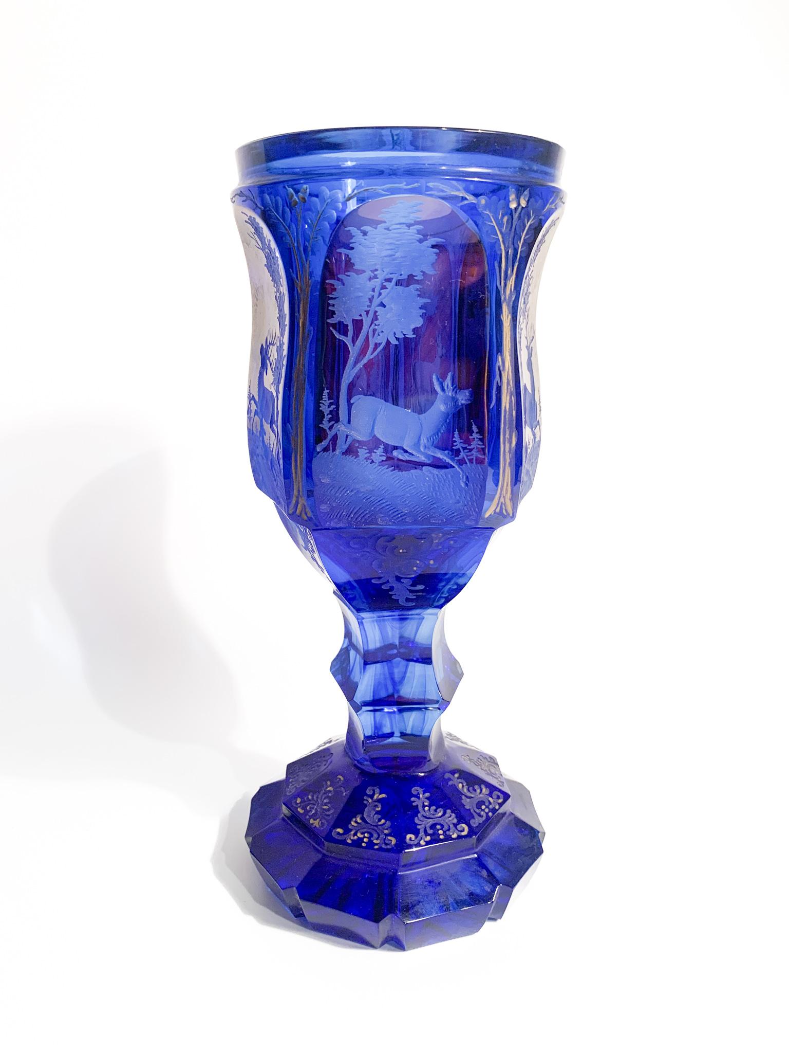Biedermeier Blue and Red Crystal Glass with Acid Decoration from the 1800s 3