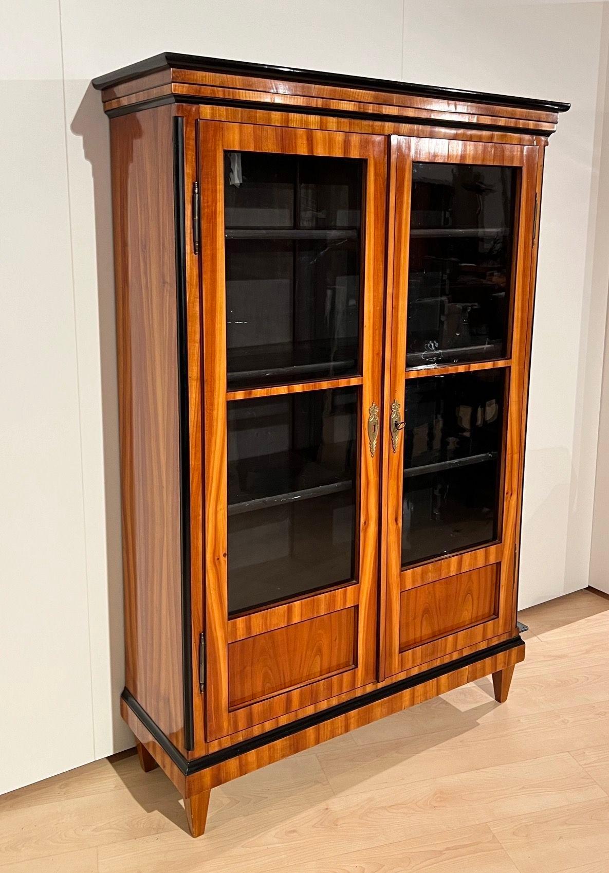 Elegant straight-lined Biedermeier Bookcase or Display Cabinet in cherry veneer from South Germany around 1820.

Cherrywood veneered on softwood. The edges of the doors and the strip between the doors are set in ebony.
Book-matched cherrywood veneer