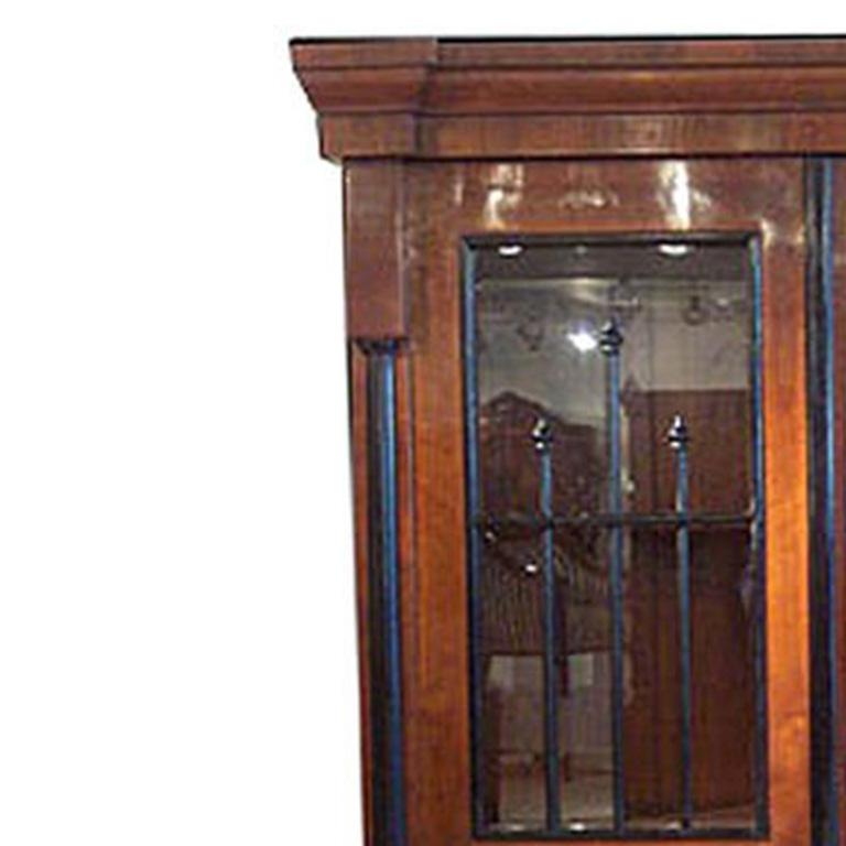 Biedermeier Bookcase/Vitrine made of walnut, rootwood and ebonized wood. The columns have brass hardware.  Glazed doors with ebonized columns and interior shelves above singe exterior drawer.