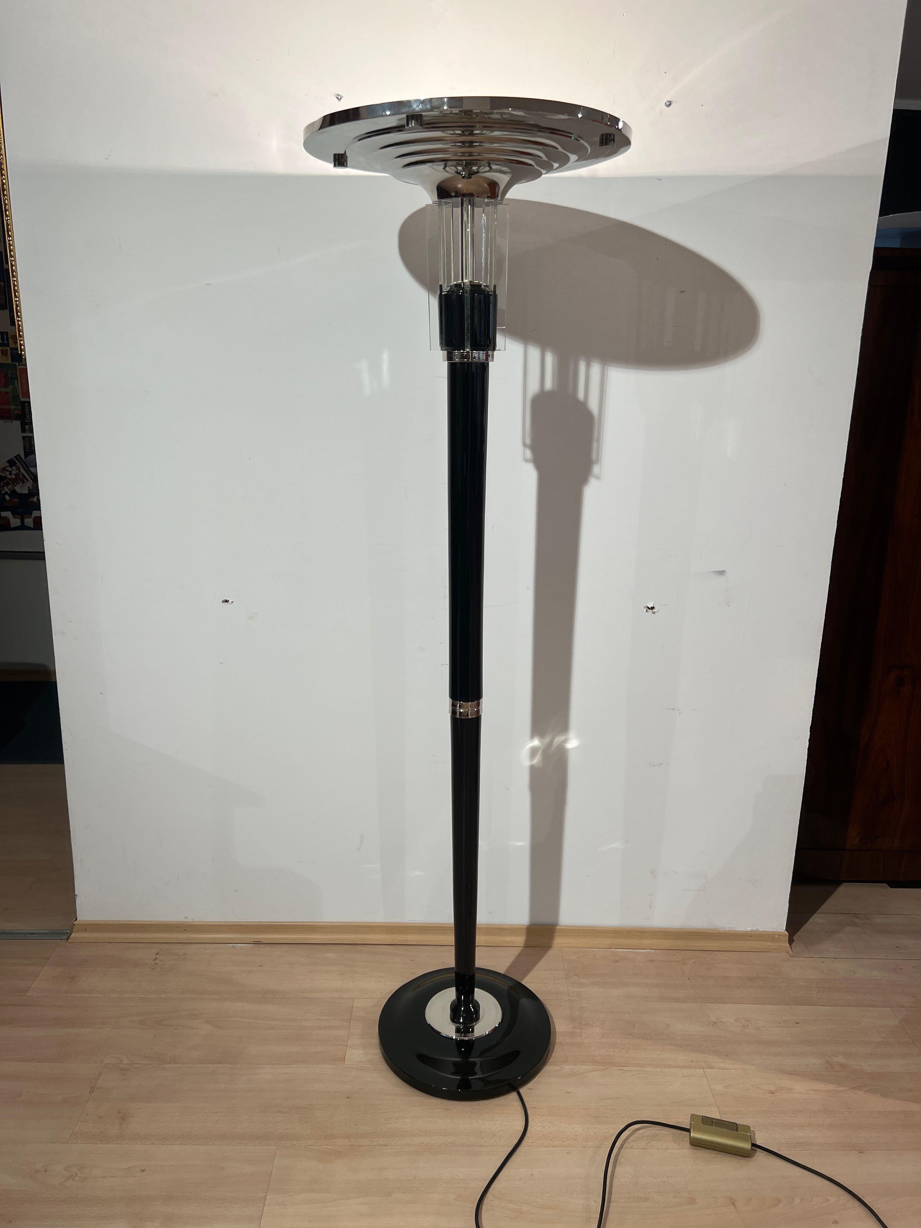 French Art Deco Floor Lamp, Black Lacquer, Nickel and Glass, France circa 1930