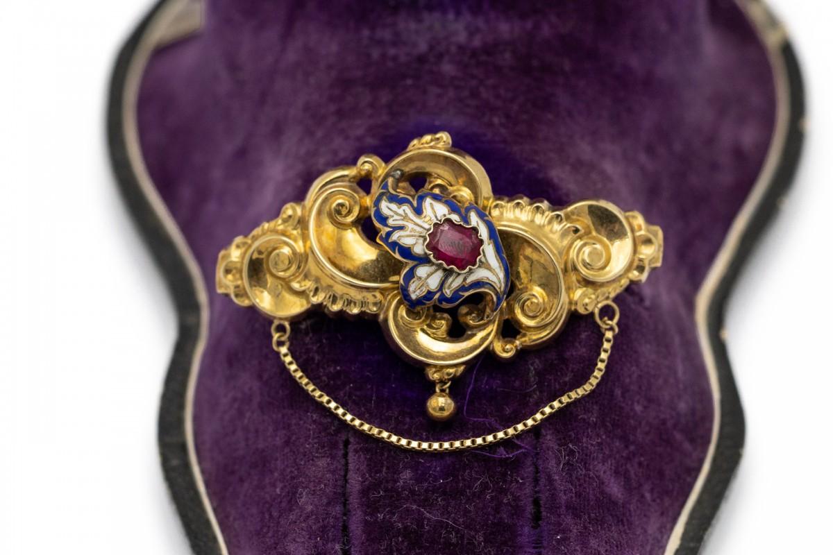 Biedermeier brooch with garnet and enamel, Germany, circa 1850. In Good Condition For Sale In Chorzów, PL
