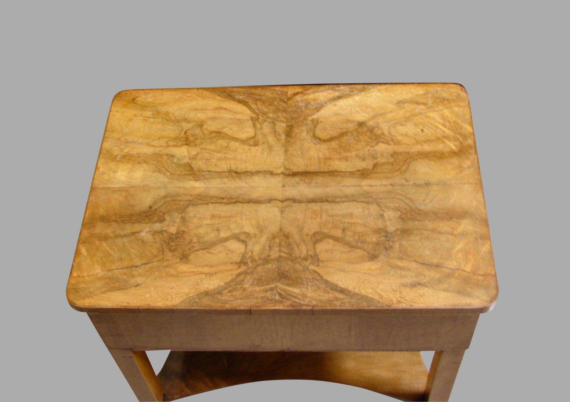 Biedermeier Burl Walnut Work Table with 2 Drawers and Lower Shelf 1