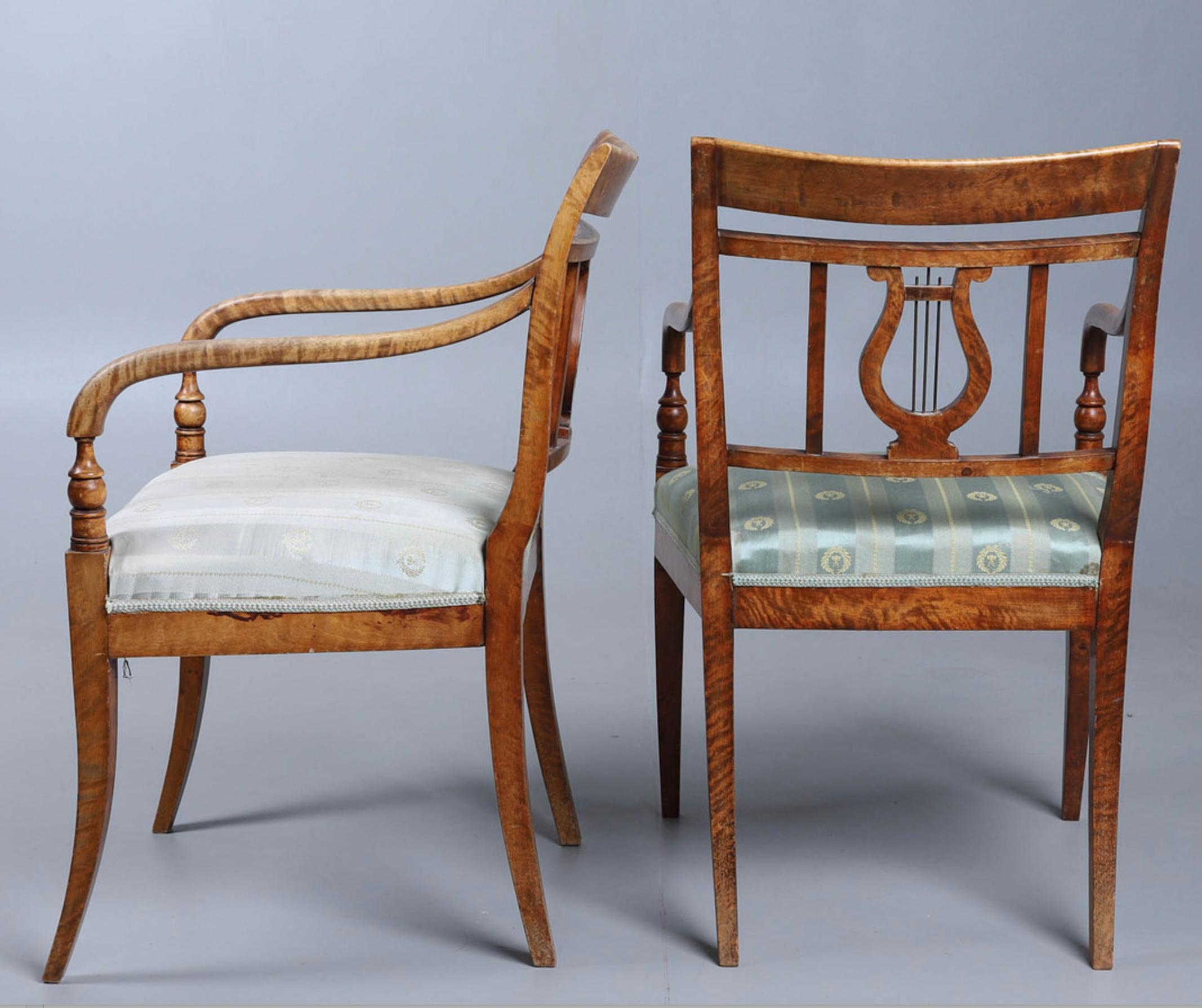 Carved Biedermeier Carver Chairs Swedish Late 1800s Antique Golden Birch square 2+1 For Sale