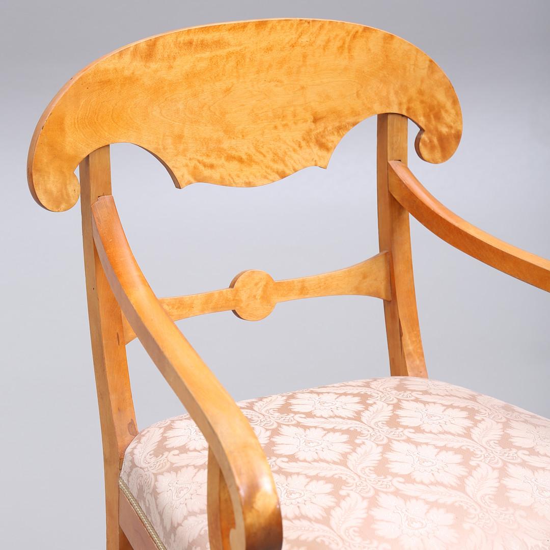 Carved Biedermeier Carver Chairs Swedish Late 1800s Antique Quilted Golden Birch 1800s For Sale