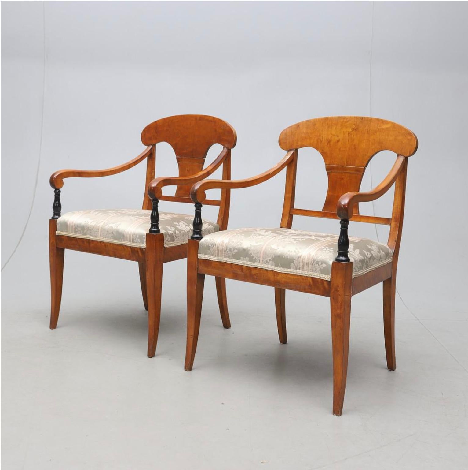 Carved Biedermeier Carver Chairs Swedish Late 1800s Antique Quilted Golden Birch 1800s For Sale