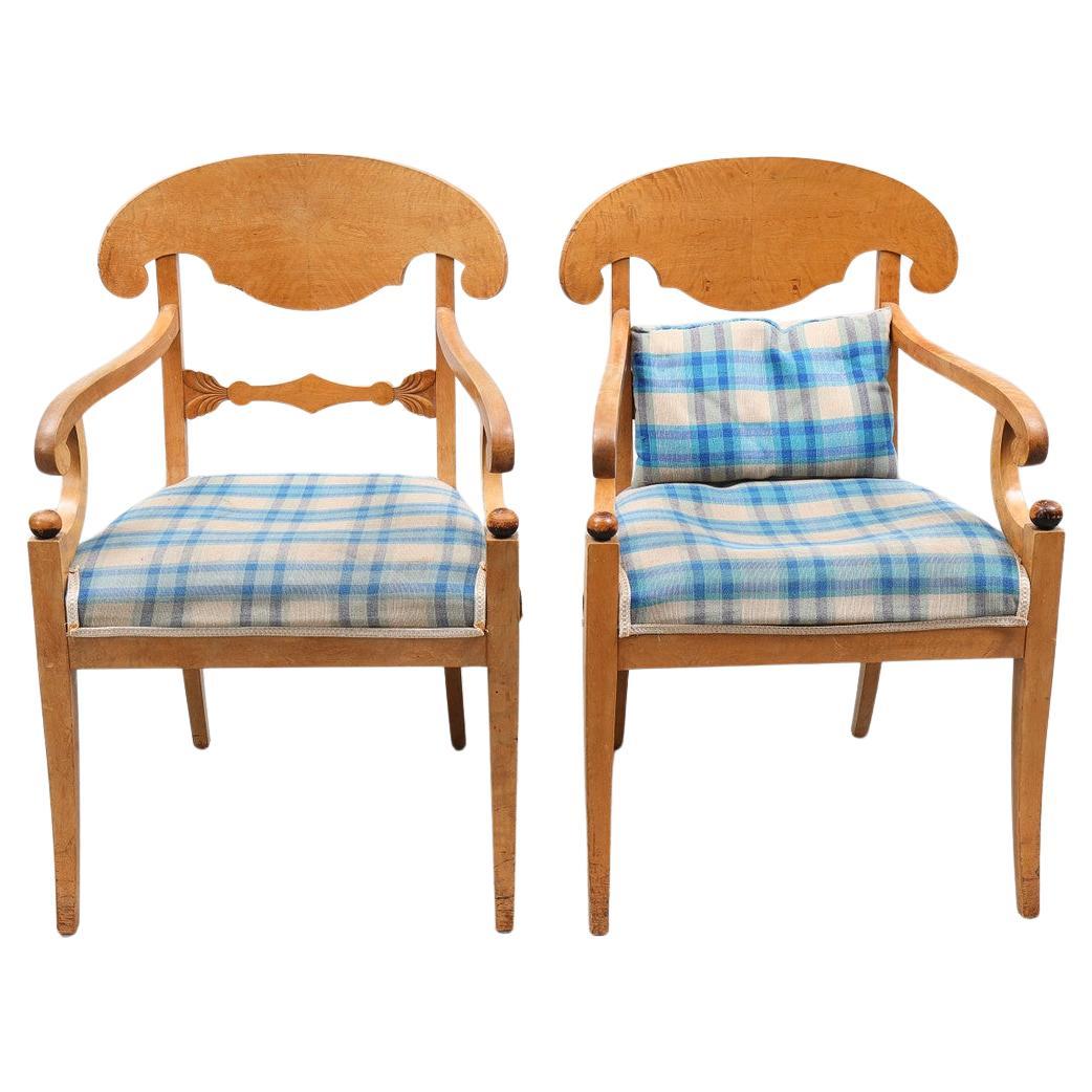 Biedermeier Carver Chairs Swedish Late 1800s Antique Quilted Golden Birch 1800s For Sale