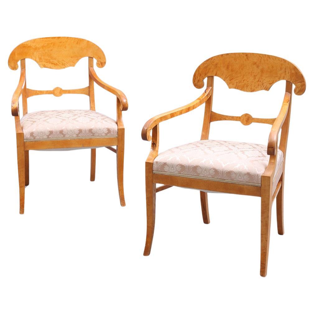 Chaises de sculpteur Biedermeier suédoises fin des années 1800, en bouleau doré matelassé antique des années 1800 en vente