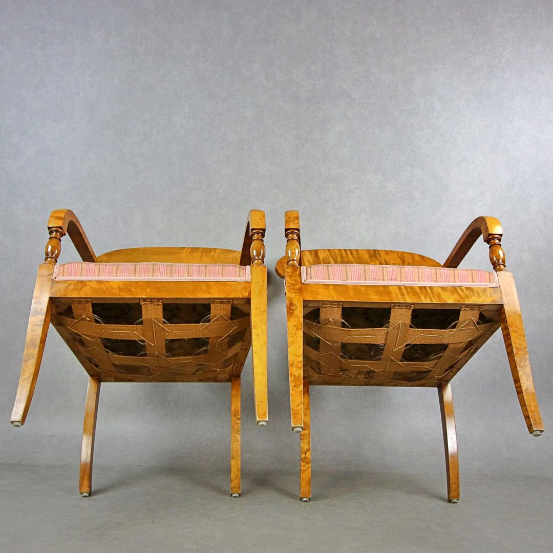Carved Biedermeier Carver Chairs Swedish Late 1800s Antique Quilted Golden Birch For Sale