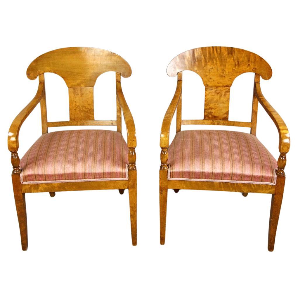 Biedermeier Carver Chairs Swedish Late 1800s Antique Quilted Golden Birch For Sale