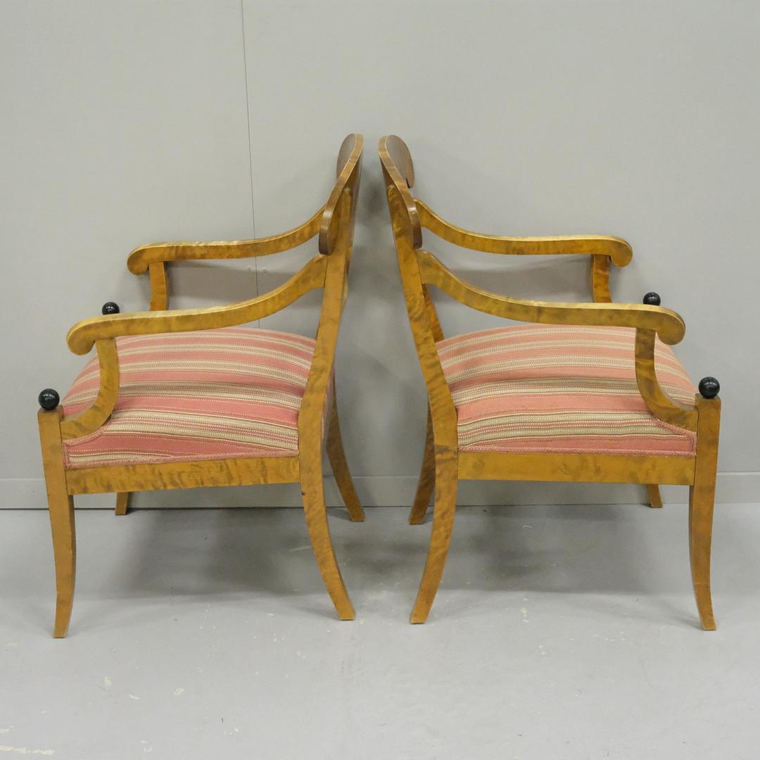 Carved Biedermeier Carver Chairs Swedish Late 1800s Antique Quilted Golden Birch PAIR A