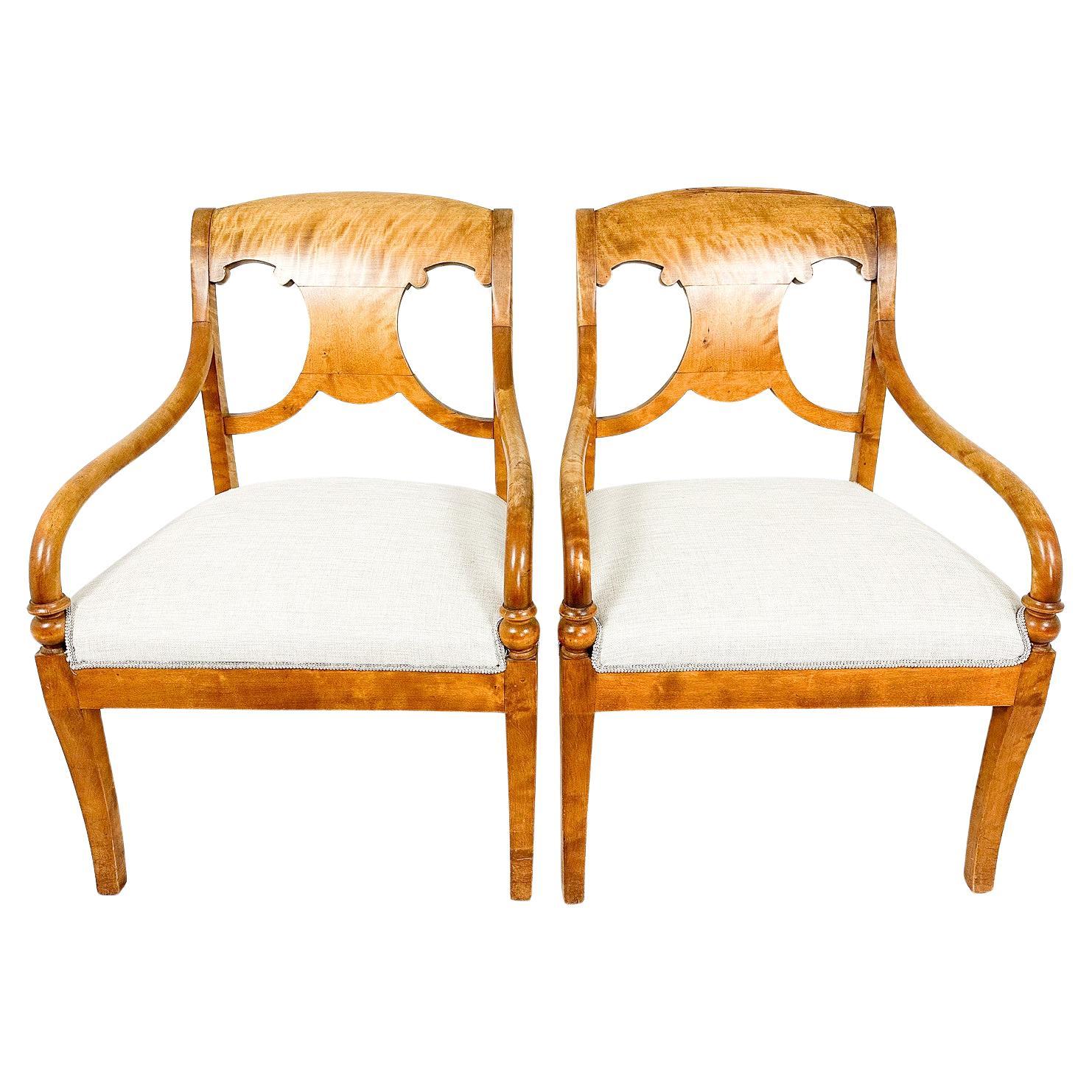 Biedermeier Carver Chairs Swedish Late 1800s Antique Quilted Golden Birch Round For Sale