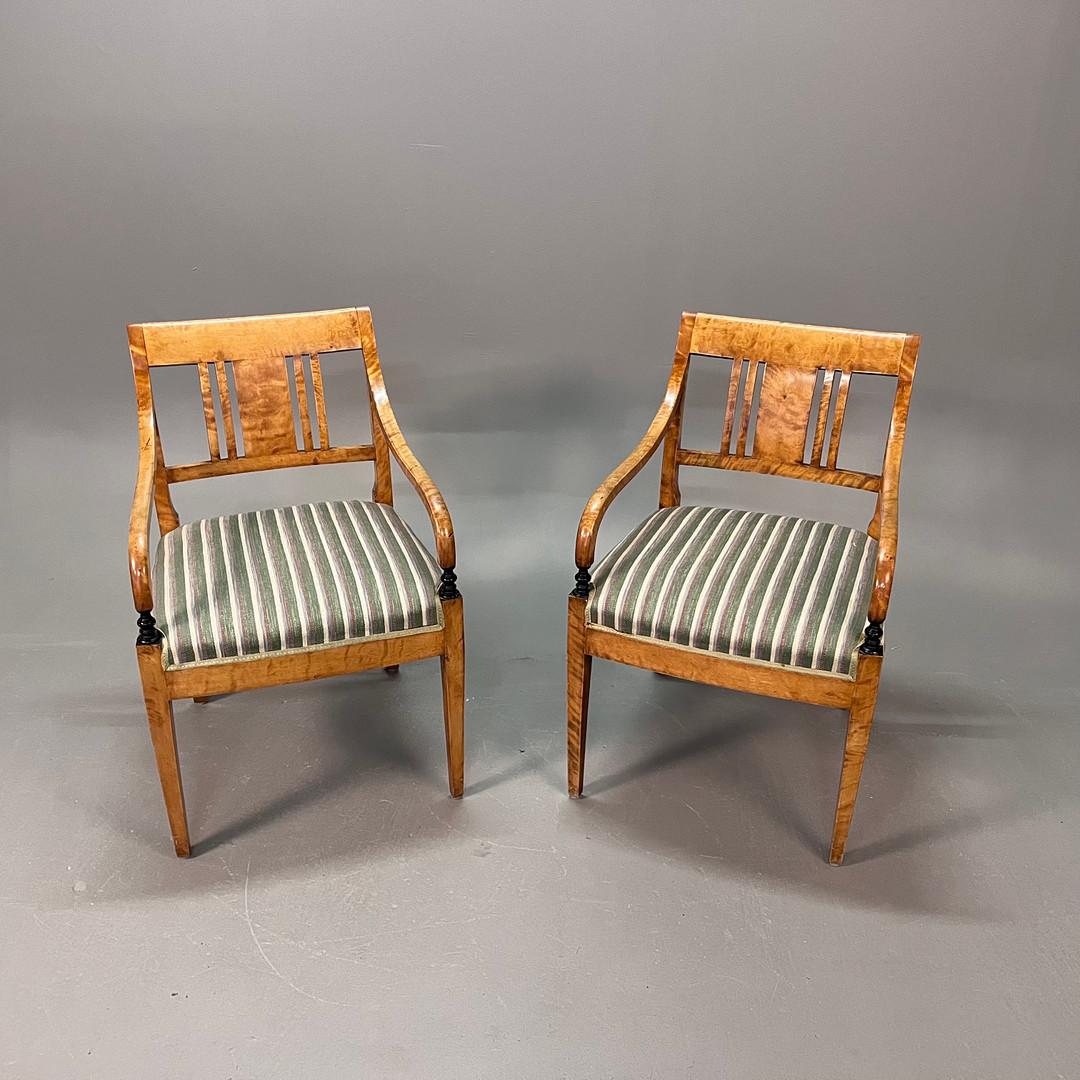 Carved Biedermeier Carver Chairs Swedish Late 1800s Antique Quilted Golden Birch square For Sale