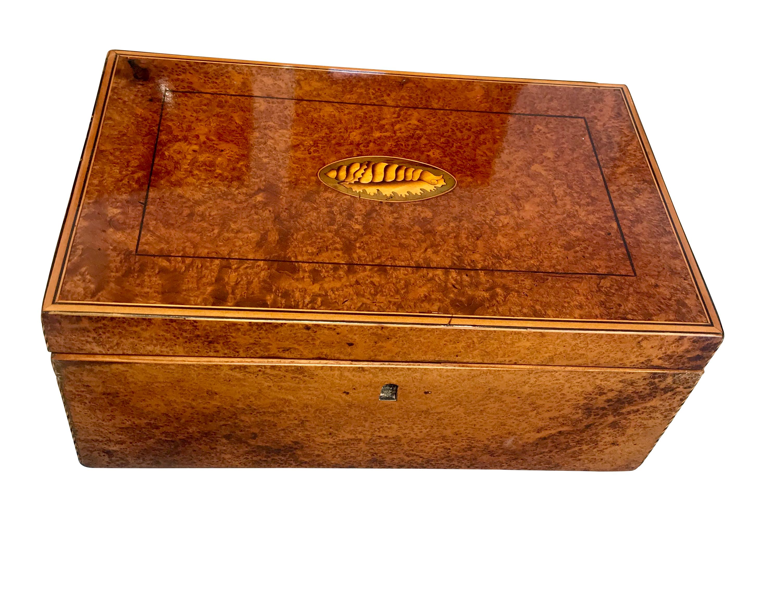Beautiful french Biedermeier casket/box and from precious Tuia roots veneer from circa 1840.

On the top cover it has a nice mussels inlay motif made from and maple and ebony. 

The box has been hand-polished with shellac and is in great restored